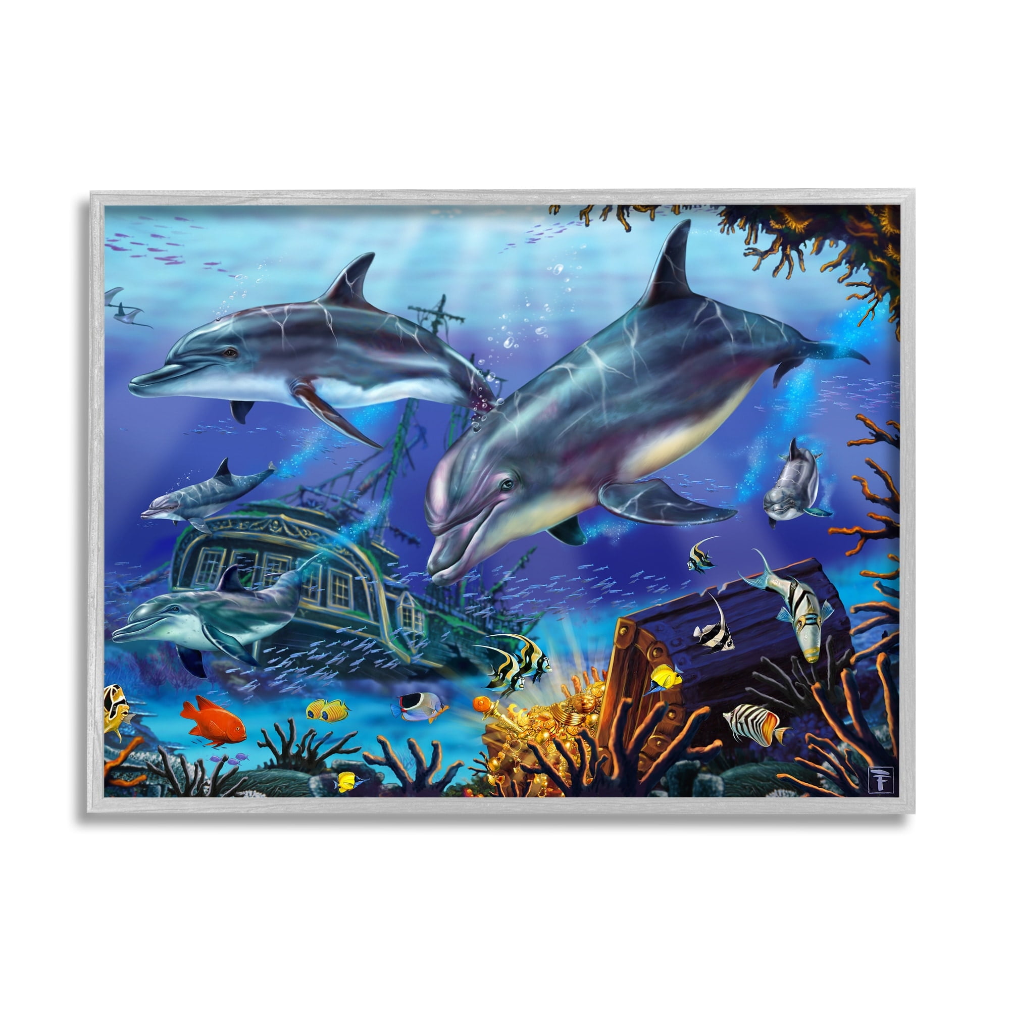 Stupell Industries Underwater Shipwreck & Treasure Coastal Painting Gray Framed Art Print Wall Art
