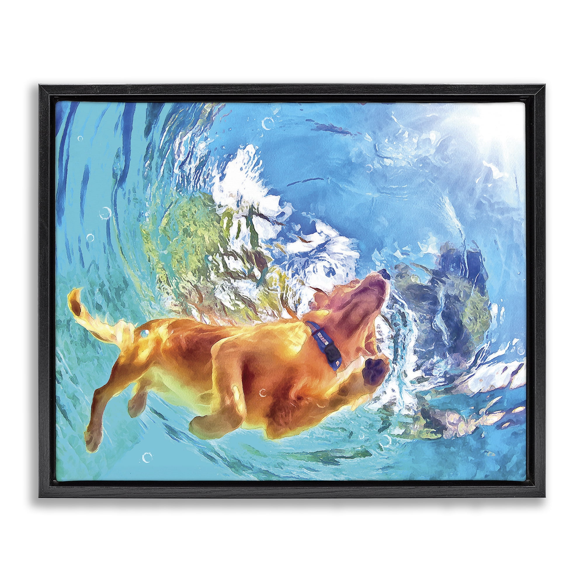 Stupell Industries Underwater Swimming Dog Animals & Insects Painting Black Floater Framed Canvas Art Print Wall Art, 21 x 17