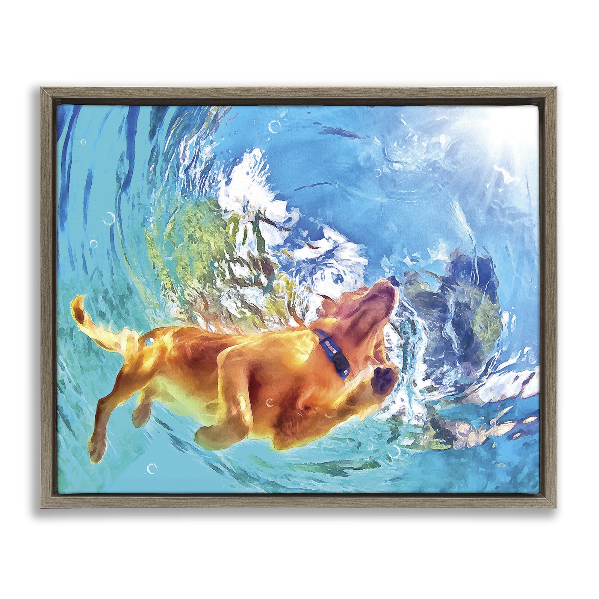 Stupell Industries Underwater Swimming Dog Animals & Insects Painting Brown Floater Framed Canvas Art Print Wall Art, 21 x 17