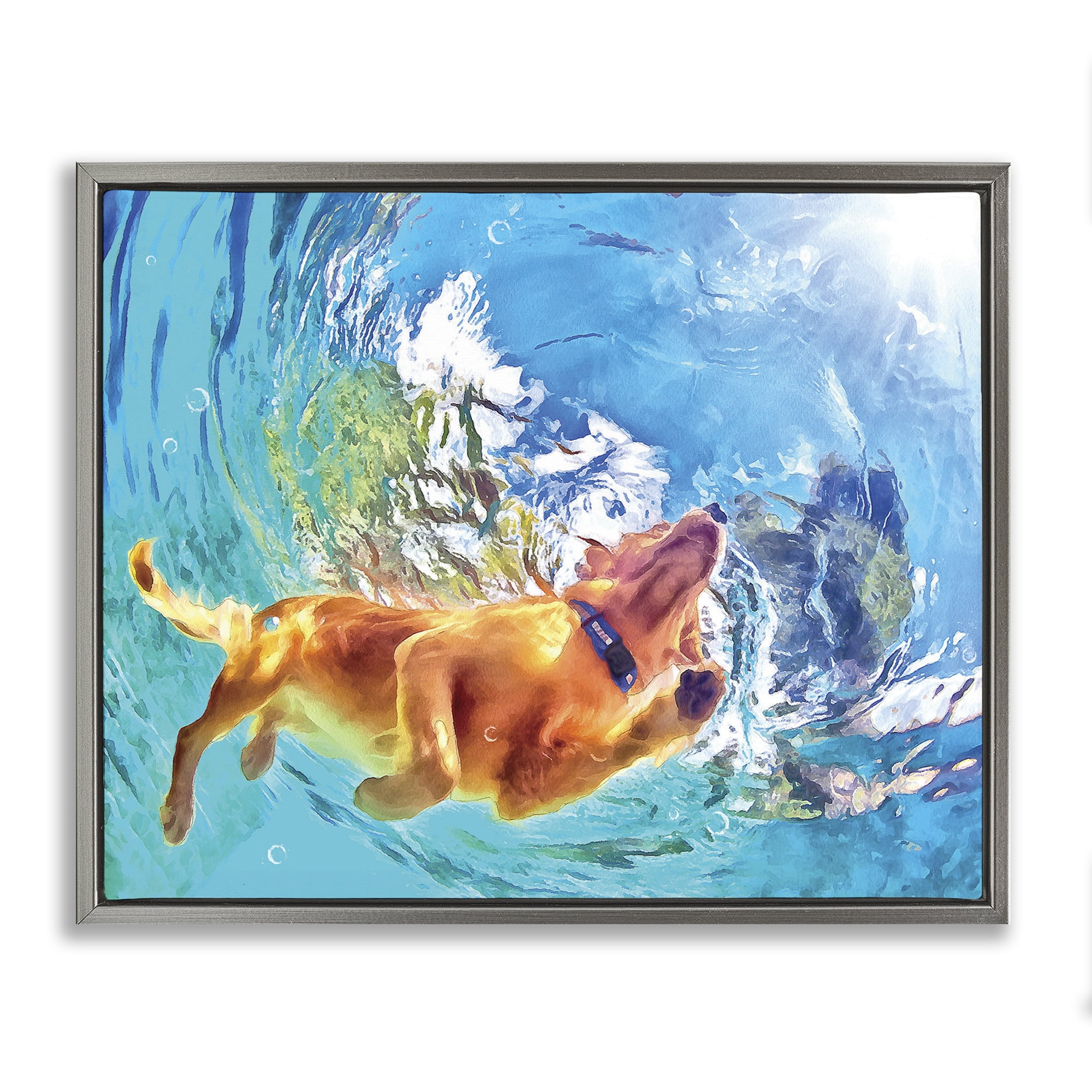 Stupell Industries Underwater Swimming Dog Animals & Insects Painting Gray Floater Framed Canvas Art Print Wall Art, 21 x 17