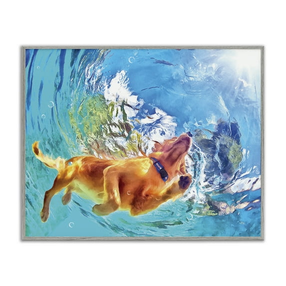 Stupell Industries Underwater Swimming Dog Animals & Insects Painting Gray Framed Art Print Wall Art, 20 x 16