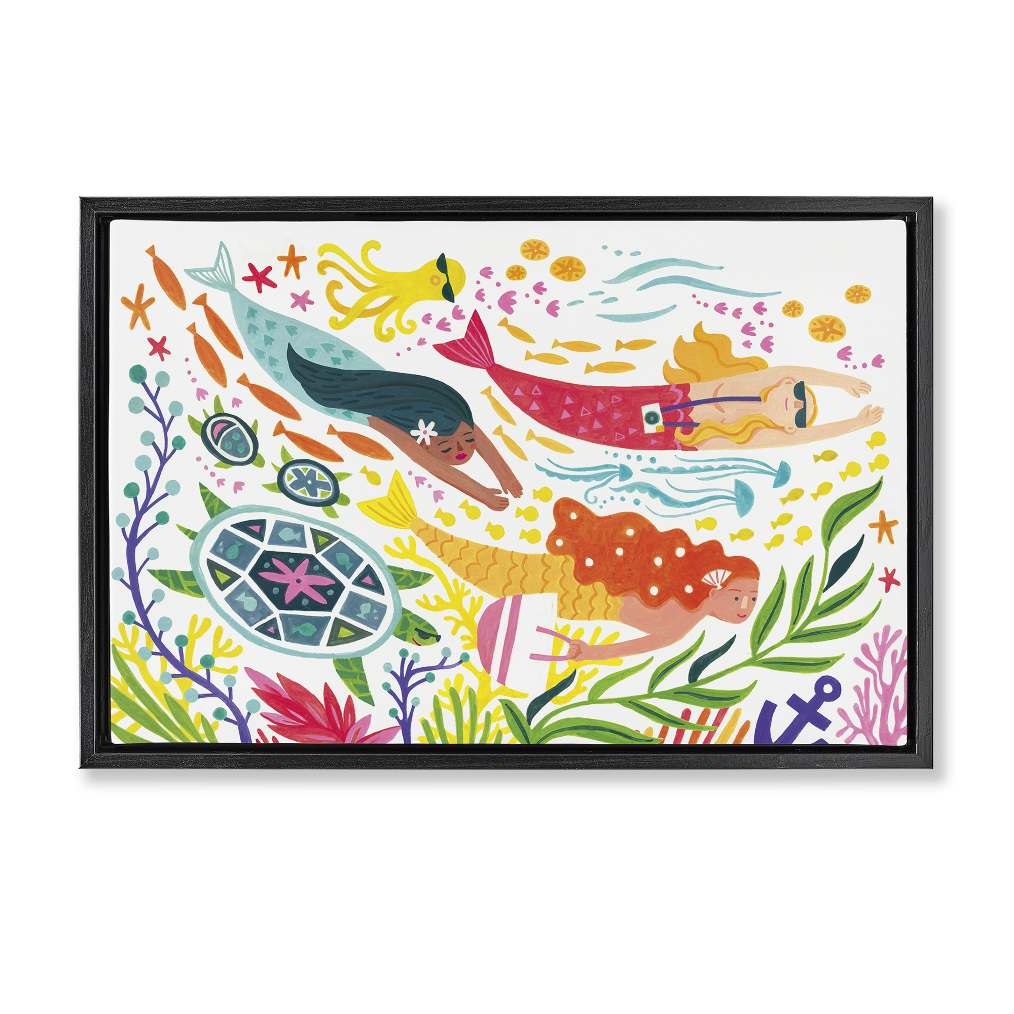 Stupell Industries Underwater Swimming Mermaids Fantasy & Sci-Fi Painting Black Floater Framed Canvas Art Print Wall Art, 25 x 17