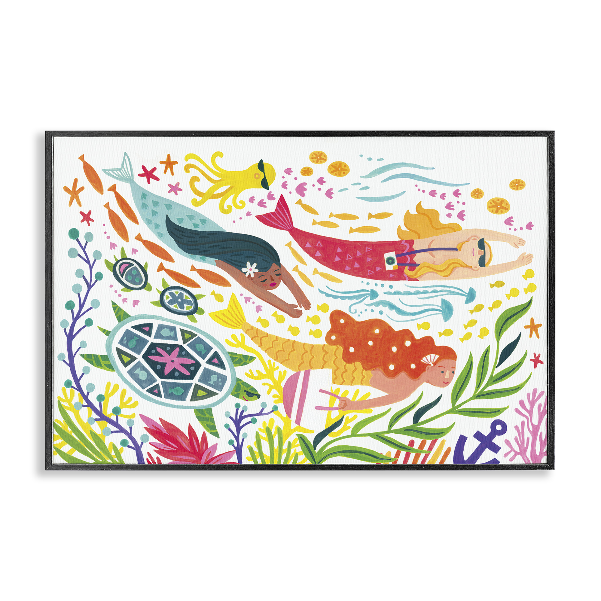 Stupell Industries Underwater Swimming Mermaids Fantasy & Sci-Fi Painting Black Framed Art Print Wall Art, 18 x 12