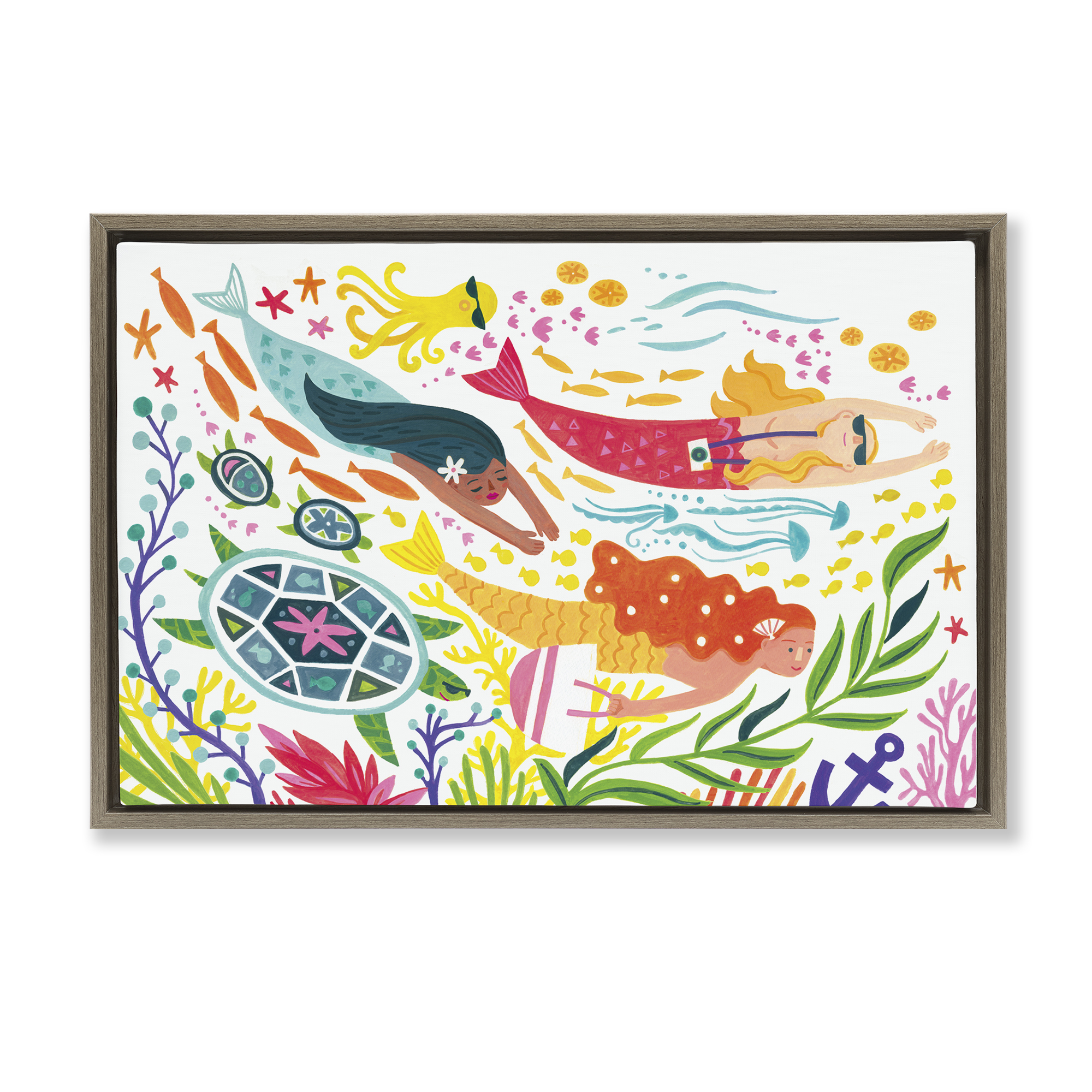 Stupell Industries Underwater Swimming Mermaids Fantasy & Sci-Fi Painting Brown Floater Framed Canvas Art Print Wall Art, 25 x 17