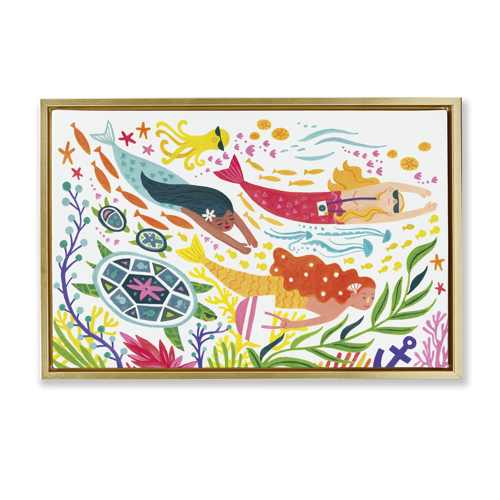 Stupell Industries Underwater Swimming Mermaids Fantasy & Sci-Fi Painting Gold Floater Framed Canvas Art Print Wall Art, 25 x 17