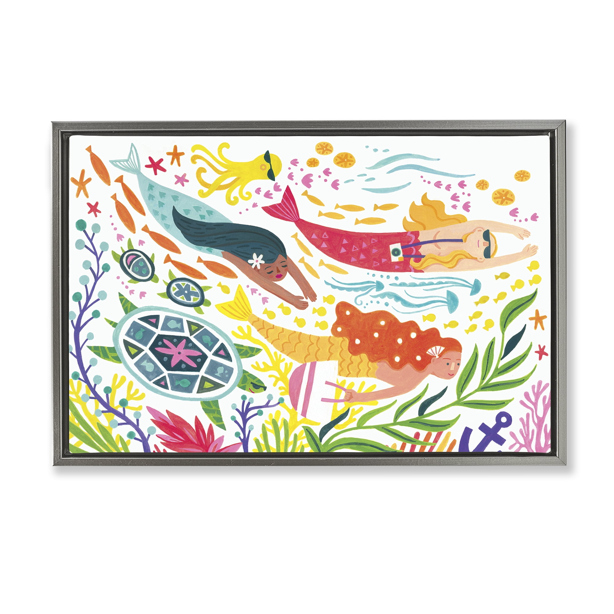 Stupell Industries Underwater Swimming Mermaids Fantasy & Sci-Fi Painting Gray Floater Framed Canvas Art Print Wall Art, 25 x 17