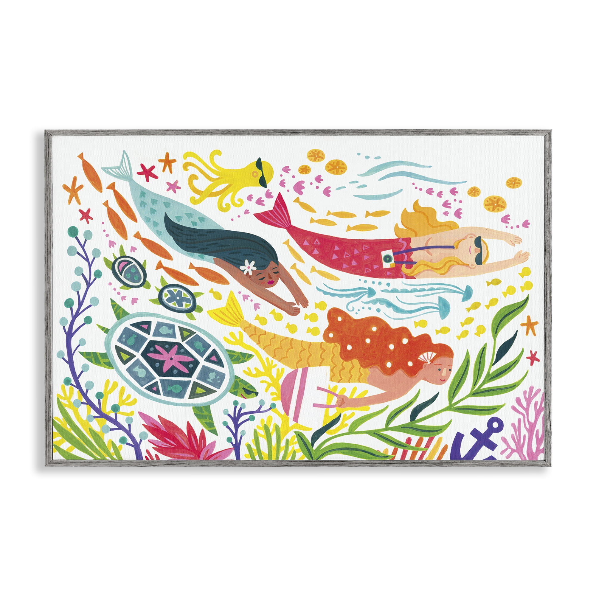Stupell Industries Underwater Swimming Mermaids Fantasy & Sci-Fi Painting Gray Framed Art Print Wall Art, 18 x 12