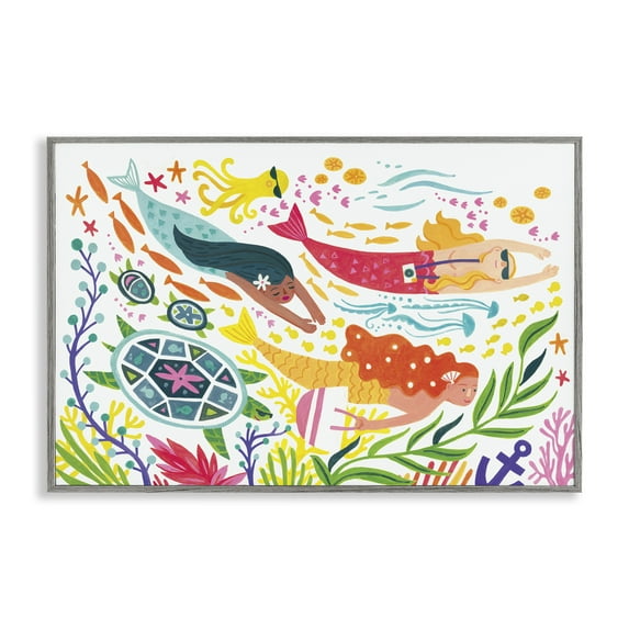 Stupell Industries Underwater Swimming Mermaids Fantasy & Sci-Fi Painting Gray Framed Art Print Wall Art, 24 x 16