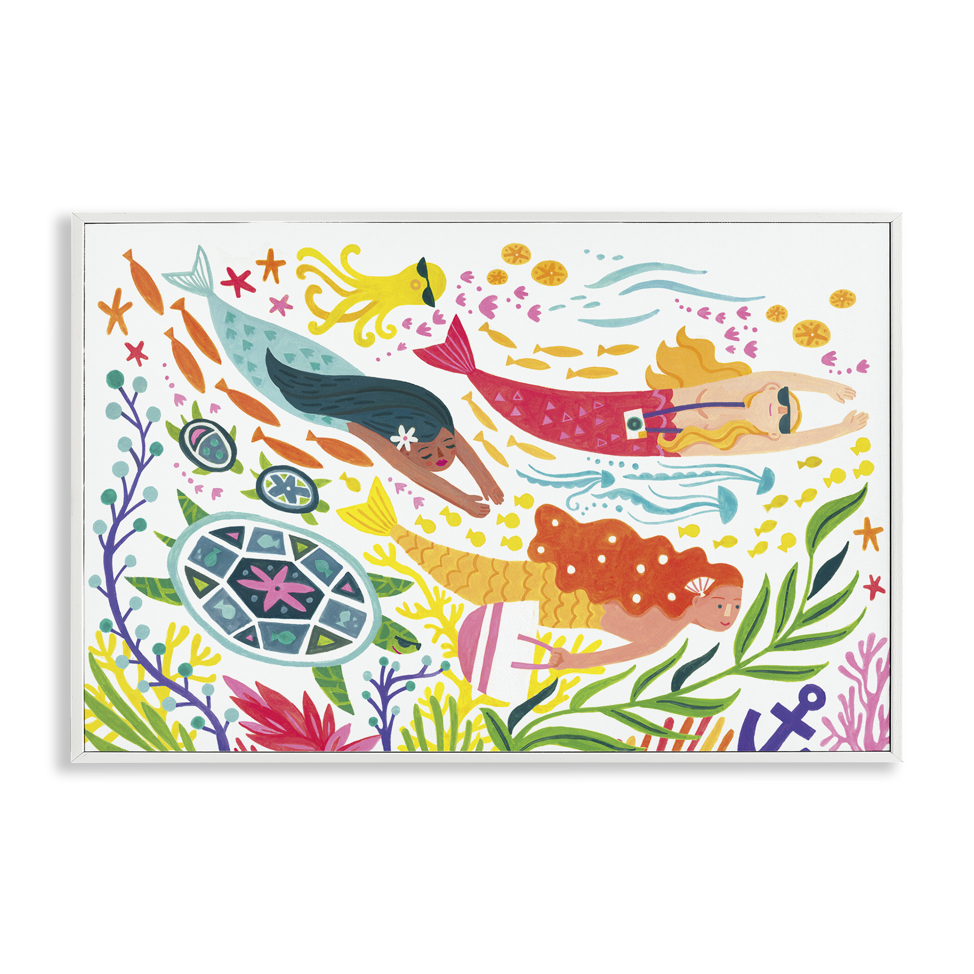 Stupell Industries Underwater Swimming Mermaids Fantasy & Sci-Fi Painting White Framed Art Print Wall Art, 24 x 16