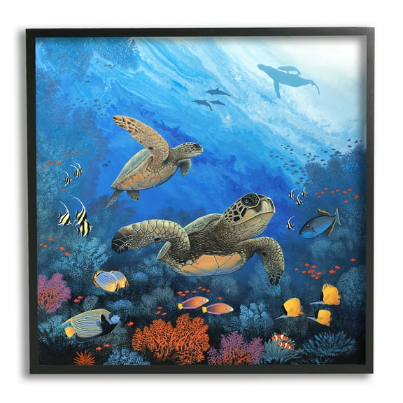 Stupell Industries Underwater Turtles & Fish Coastal Painting Black Framed Art Print Wall Art