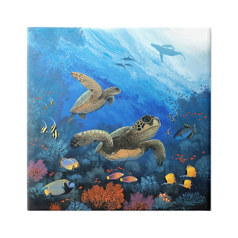 Stupell Industries Underwater Turtles & Fish Coastal Painting Gallery Wrapped Canvas Print Wall Art, Size: 36 x 36