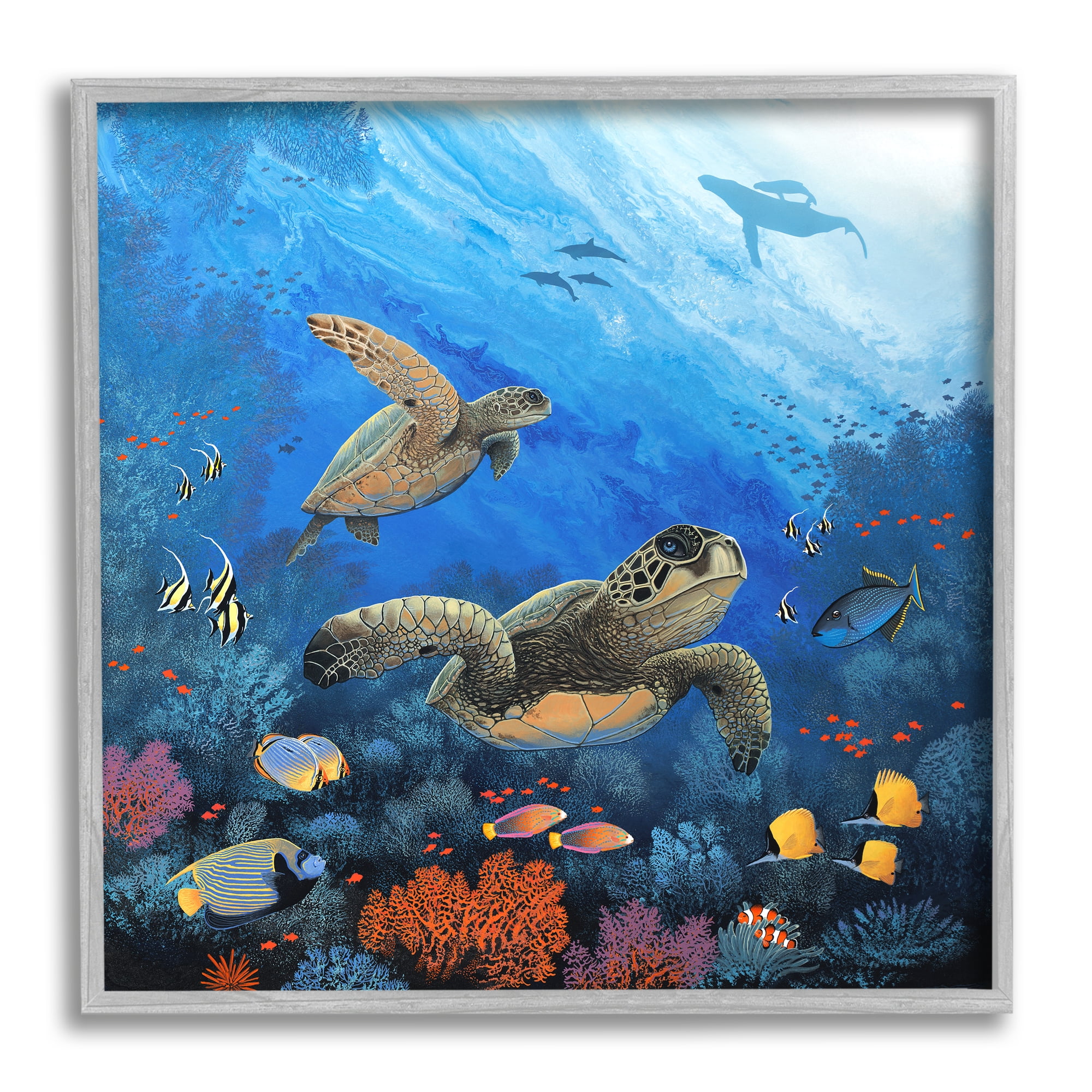 Gray Framed Underwater Turtles and Fish Canvas Print, 12 x 12