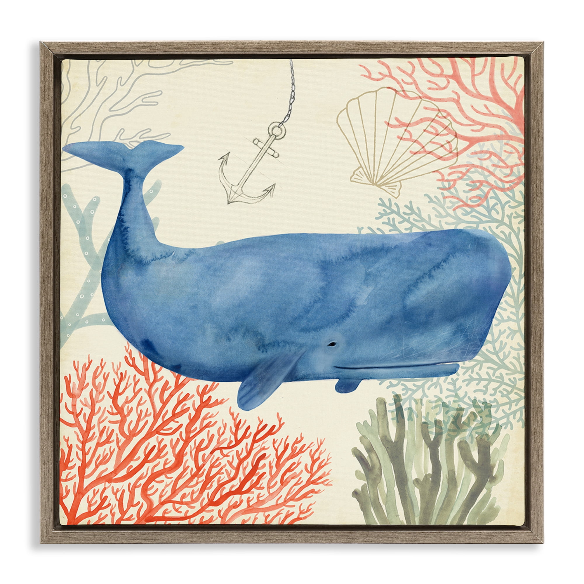 Stupell Industries Underwater Whimsical Whale Watercolor Animals & Insects Painting Brown Floater Framed Canvas Art Print Wall Art, 18 x 18