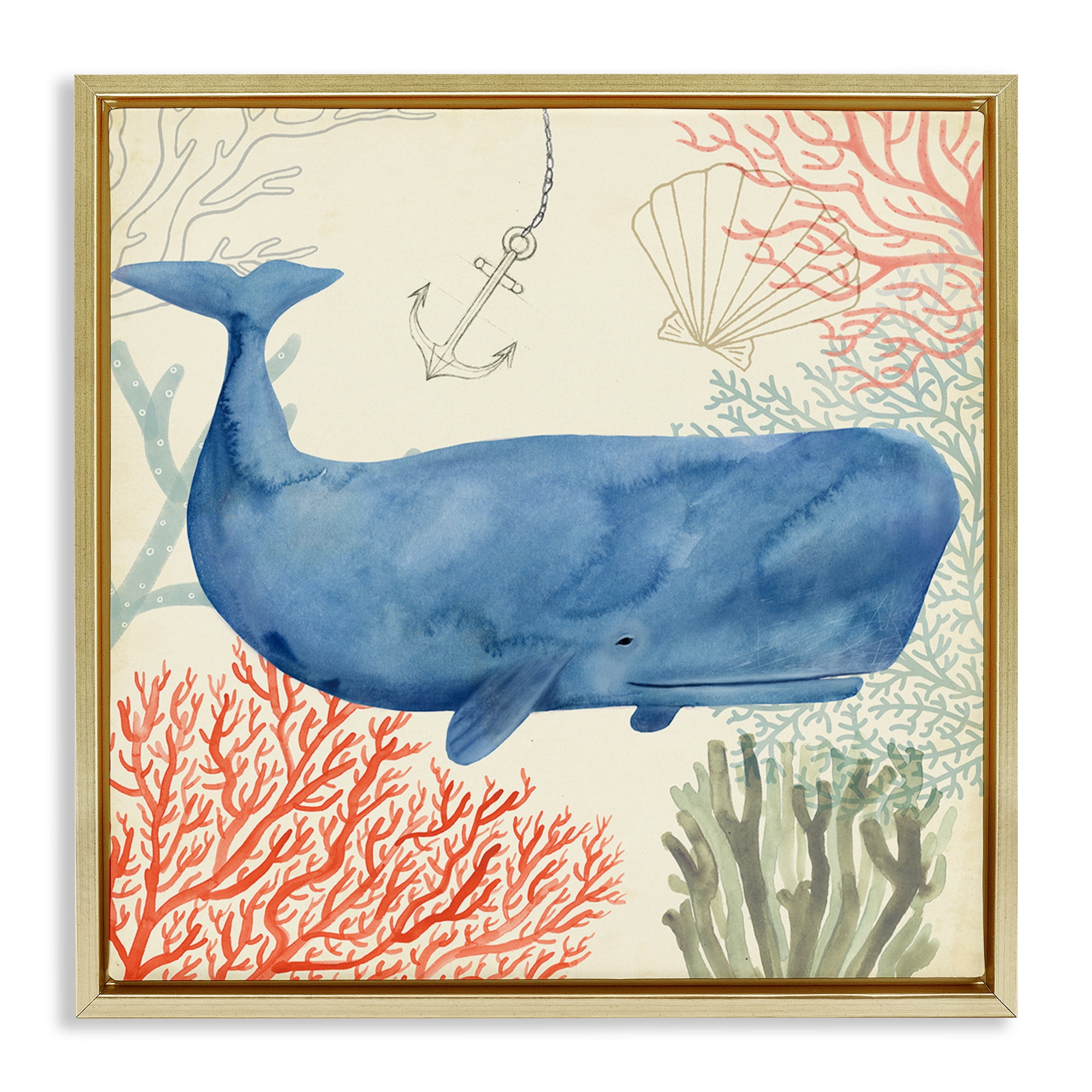 Stupell Industries Underwater Whimsical Whale Watercolor Animals & Insects Painting Gold Floater Framed Canvas Art Print Wall Art, 25 x 25