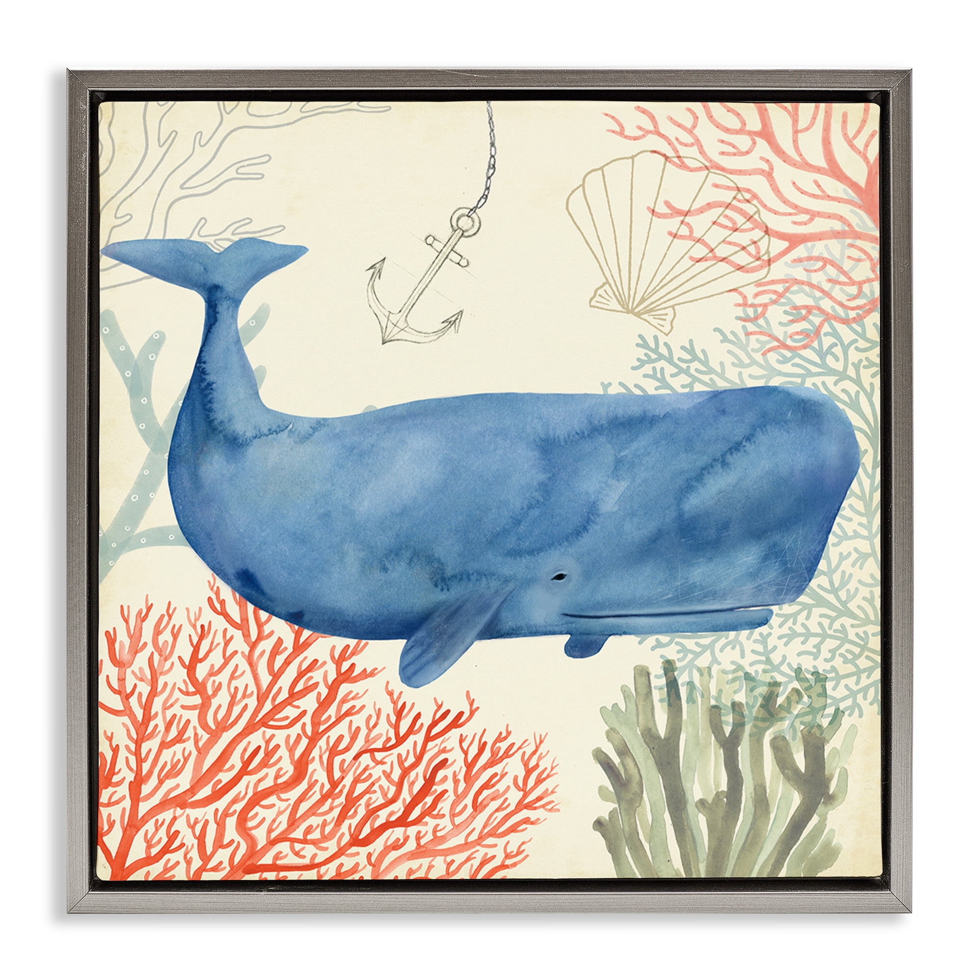 Stupell Industries Underwater Whimsical Whale Watercolor Animals & Insects Painting Gray Floater Framed Canvas Art Print Wall Art, 18 x 18