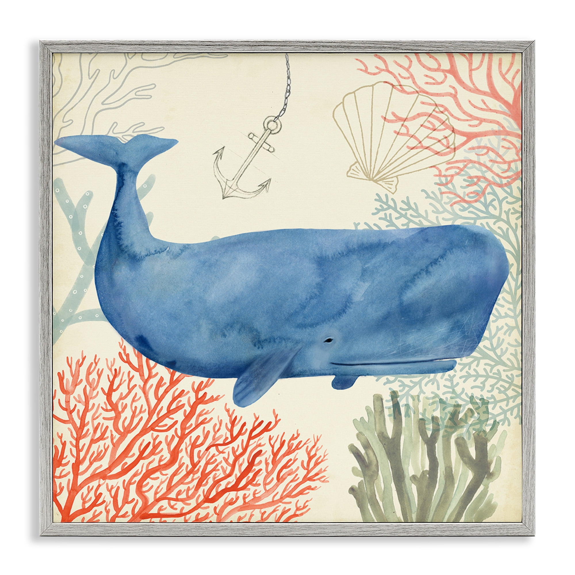 Stupell Industries Underwater Whimsical Whale Watercolor Animals & Insects Painting Gray Framed Art Print Wall Art, 24 x 24