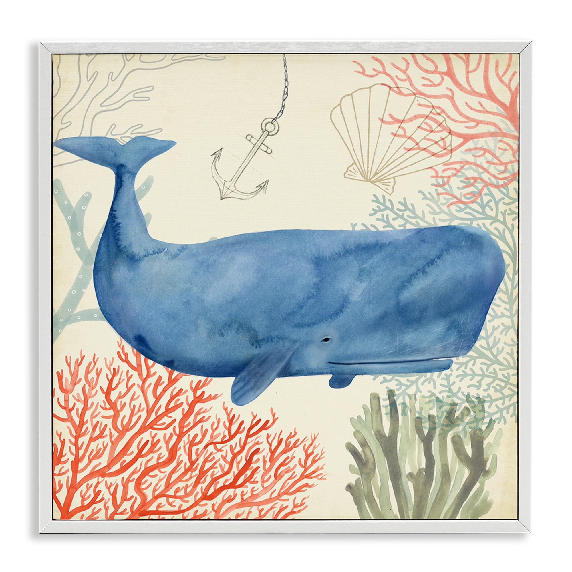 Stupell Industries Underwater Whimsical Whale Watercolor Animals & Insects Painting White Framed Art Print Wall Art, 12 x 12