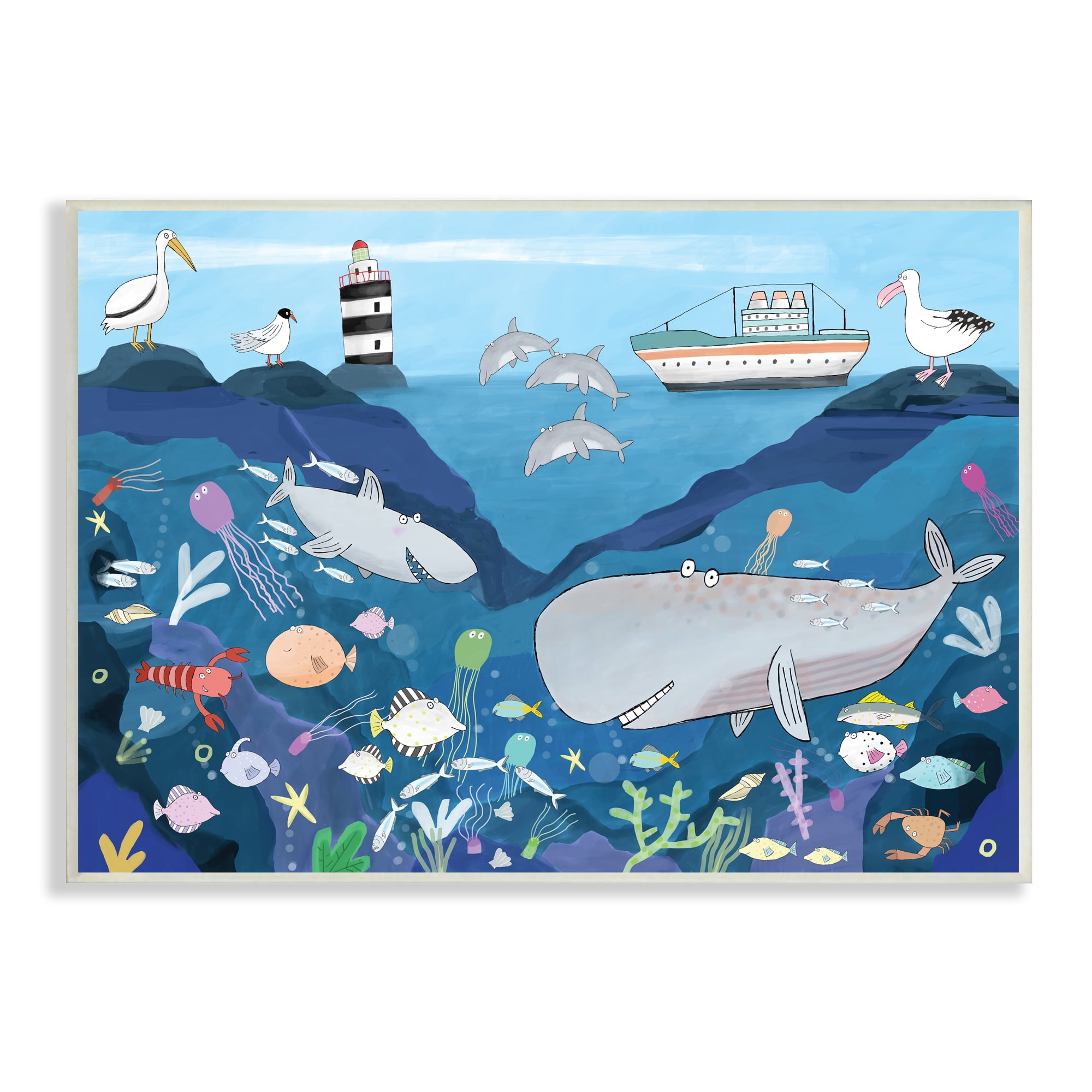 Stupell Industries Underwater Wildlife Kid's Illustration Shark Whale Boat, 13 x 19, Designed by Carla Daly