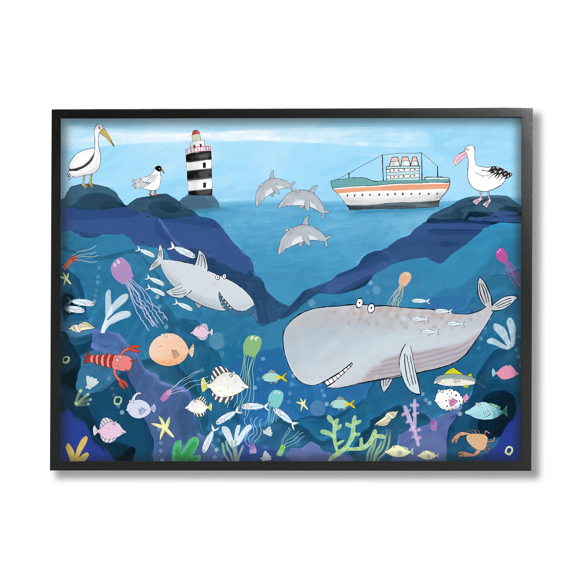 Stupell Industries Underwater Wildlife Kid's Illustration Shark Whale Boat, 24 x 30, Designed by Carla Daly