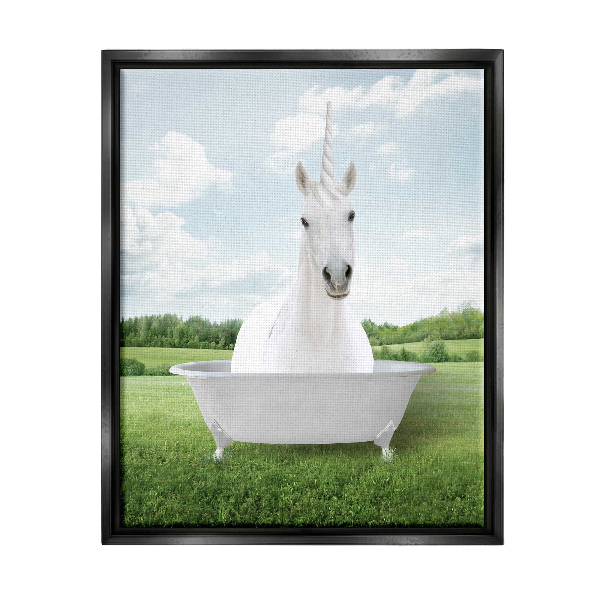 Stupell Industries Unicorn Bathtub in Field Nature Painting Black Floater Framed Art Print Wall Art, 17 x 21