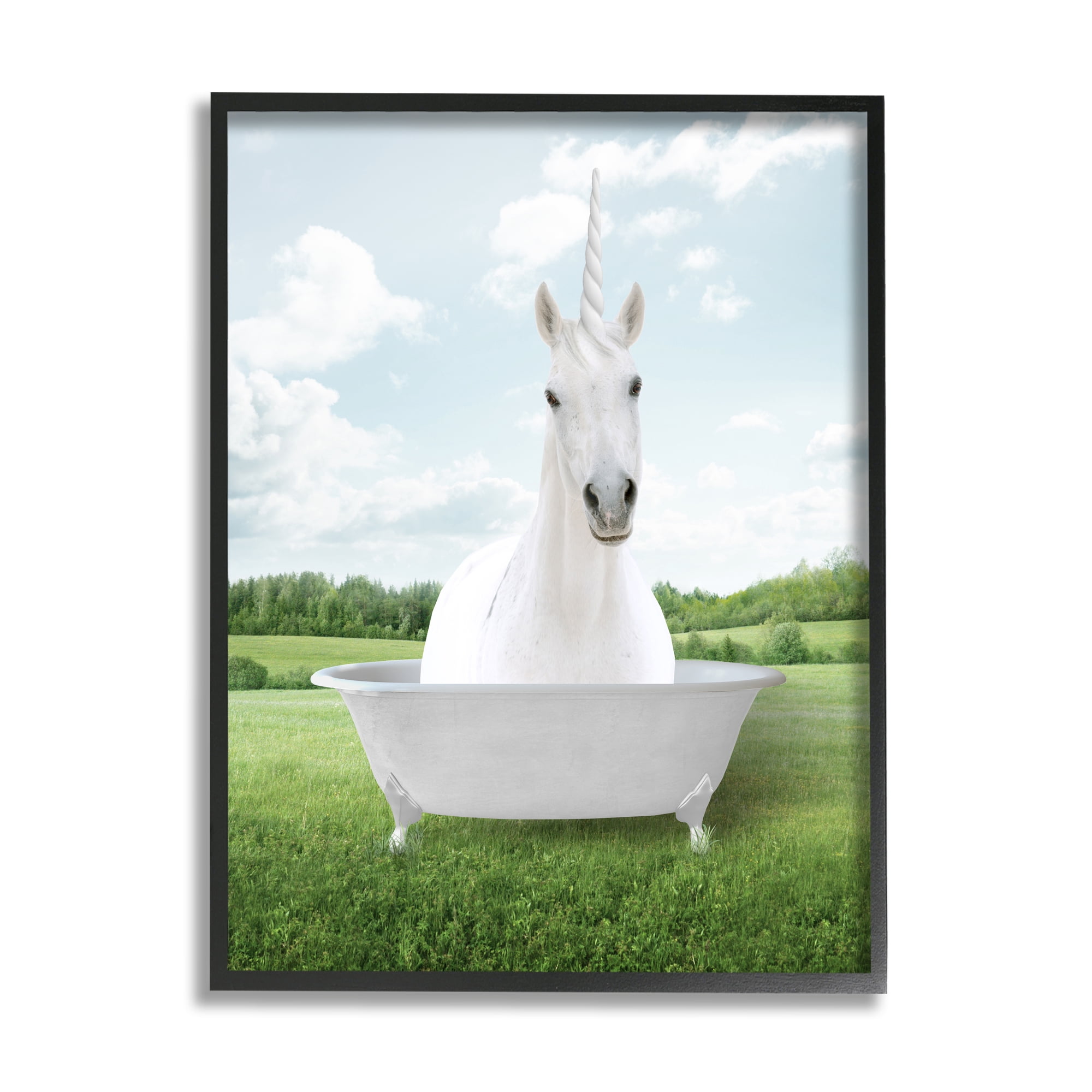 Stupell Industries Unicorn Bathtub in Field Nature Painting Black Framed Art Print Wall Art, 24 x 30