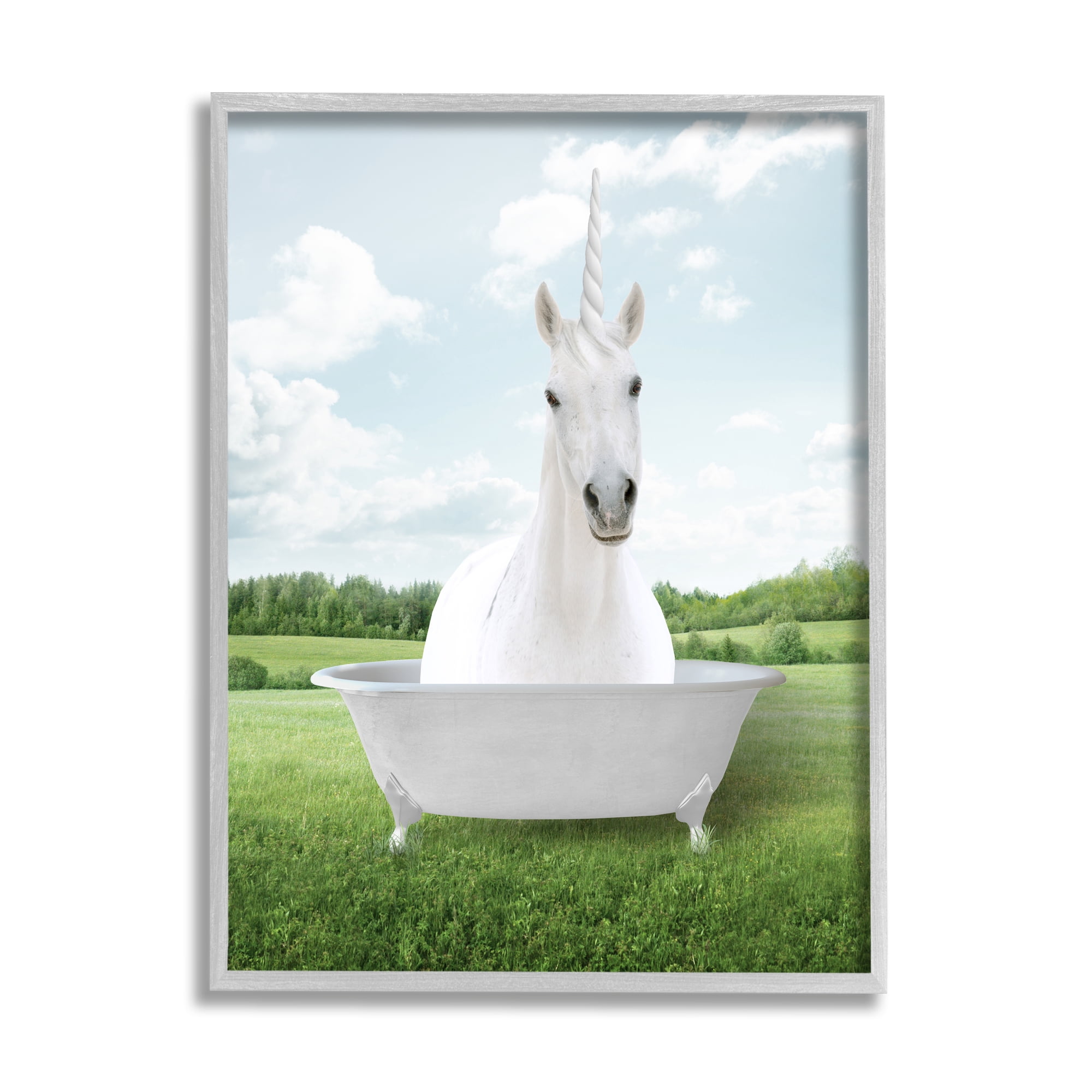 Stupell Industries Unicorn Bathtub in Field Nature Painting Gray Framed Art Print Wall Art, 16 x 20
