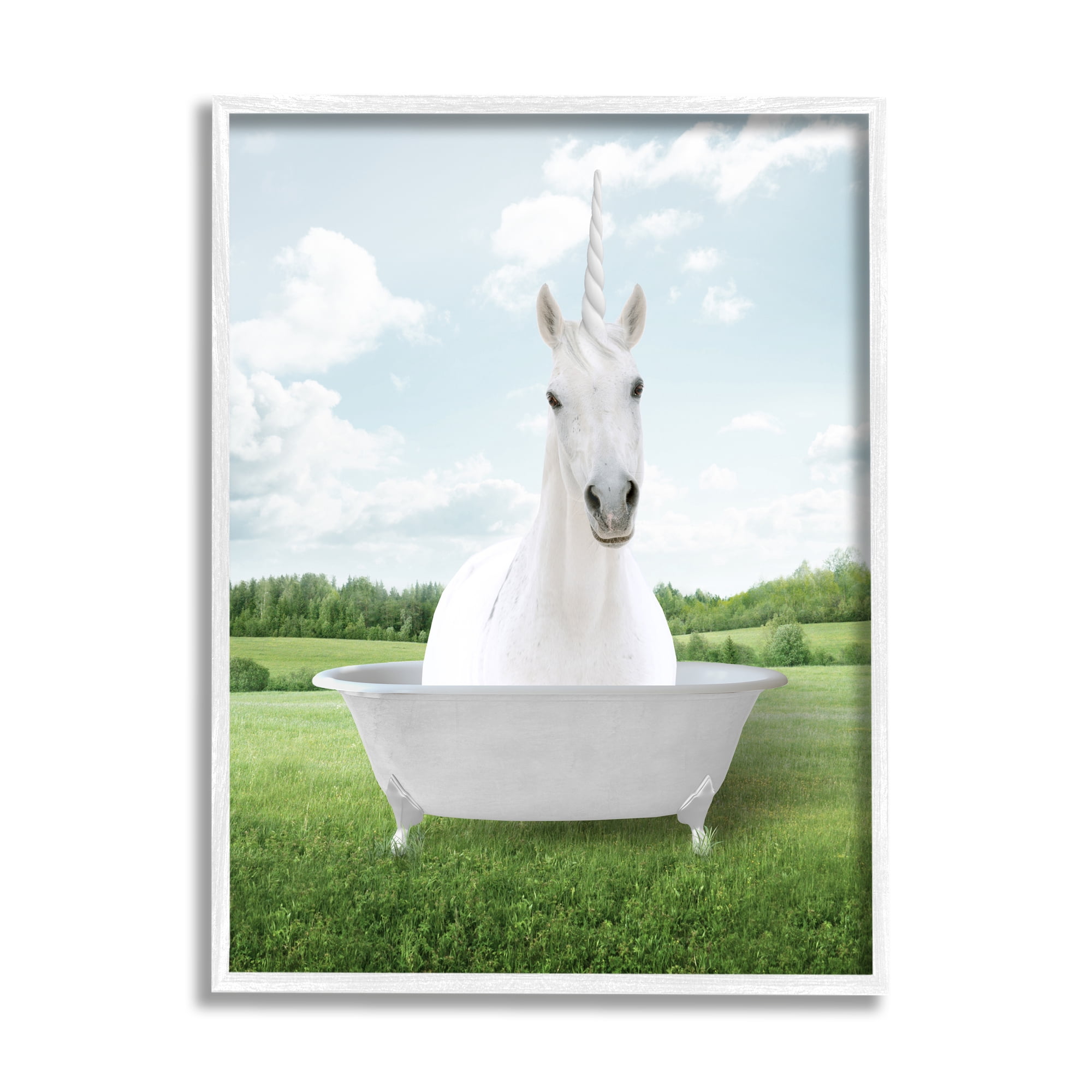 Stupell Industries Unicorn Bathtub in Field Nature Painting White Framed Art Print Wall Art, 24 x 30