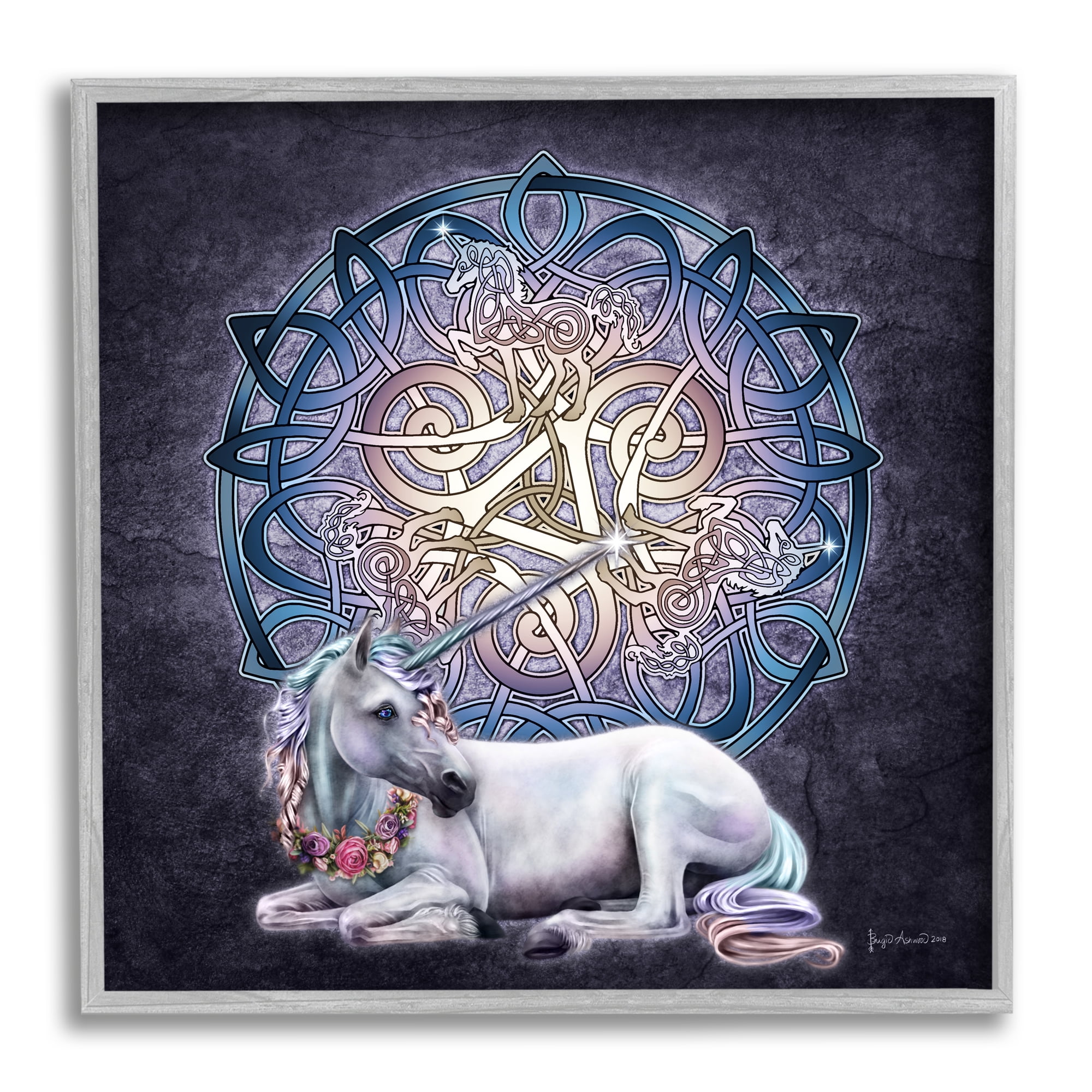 Stupell Industries Unicorn Celtic Pattern Fairy Tales & Fantasy Painting Gray Framed Art Print Wall Art, 12 x 12
