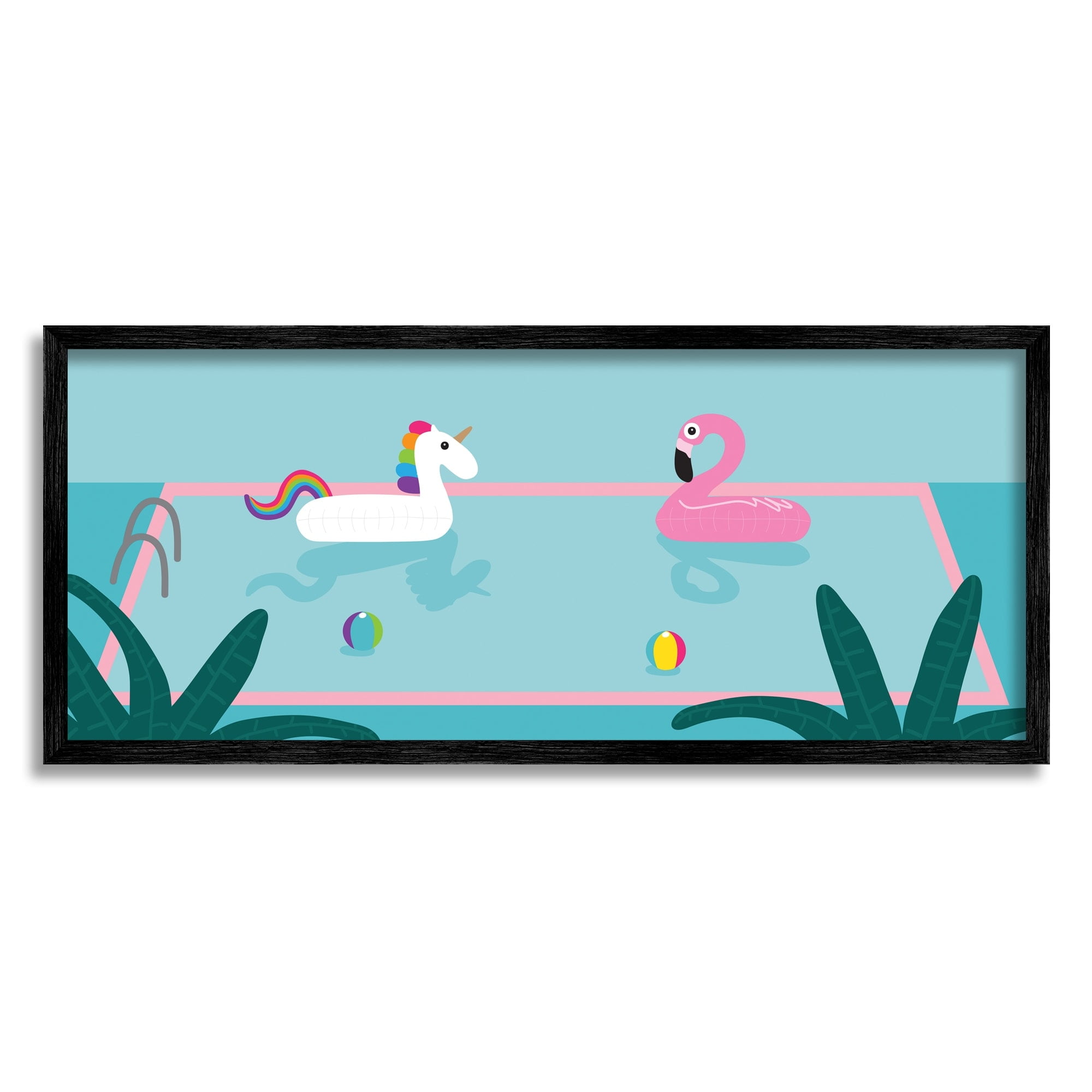 Stupell Industries Unicorn Flamingo Tropical Pool Water Floats Novelty Painting Black Framed Art Print Wall Art, 13 x 30, Design by Make Much Studios