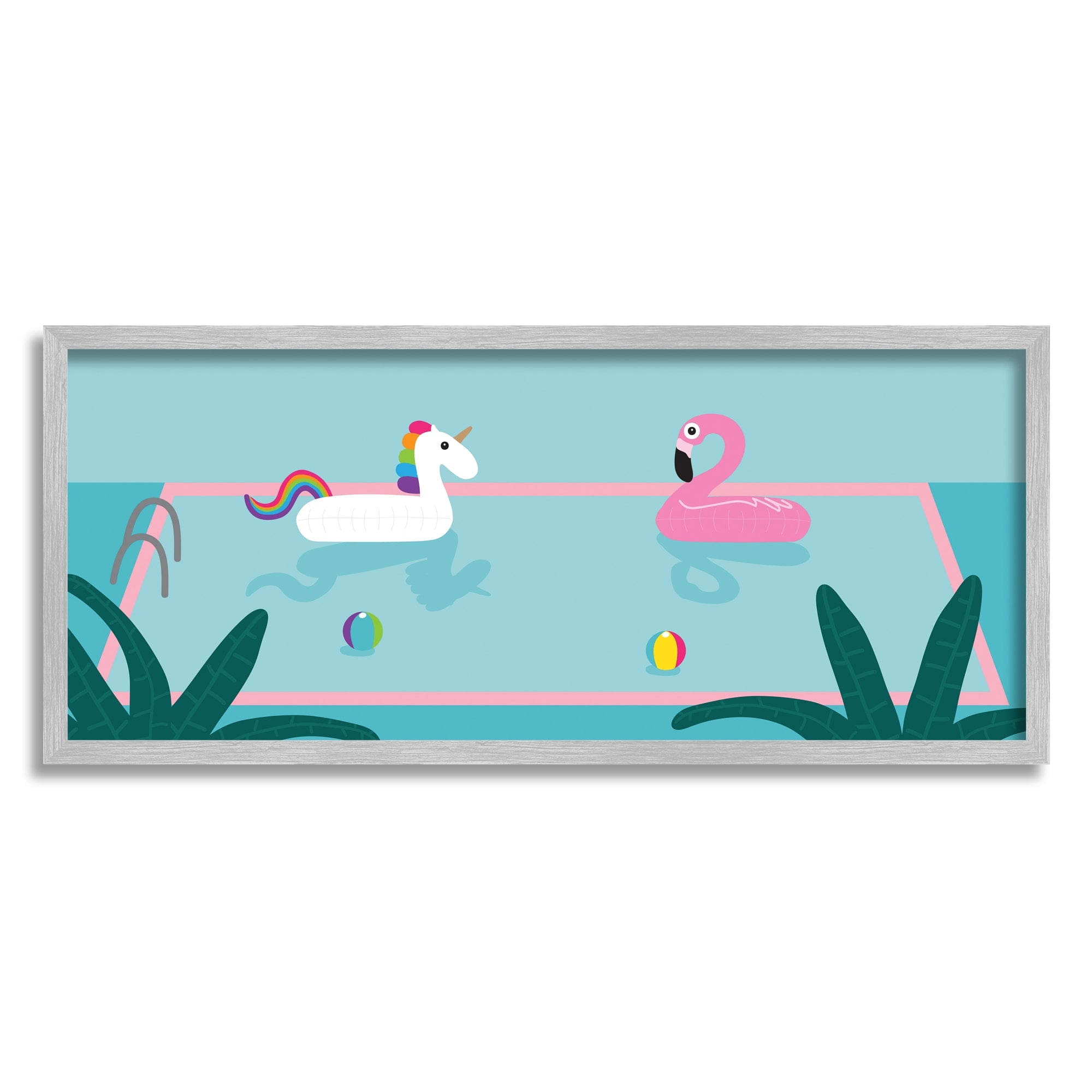 Stupell Industries Unicorn Flamingo Tropical Pool Water Floats Novelty Painting Gray Framed Art Print Wall Art, 10 x 24, Design by Make Much Studios