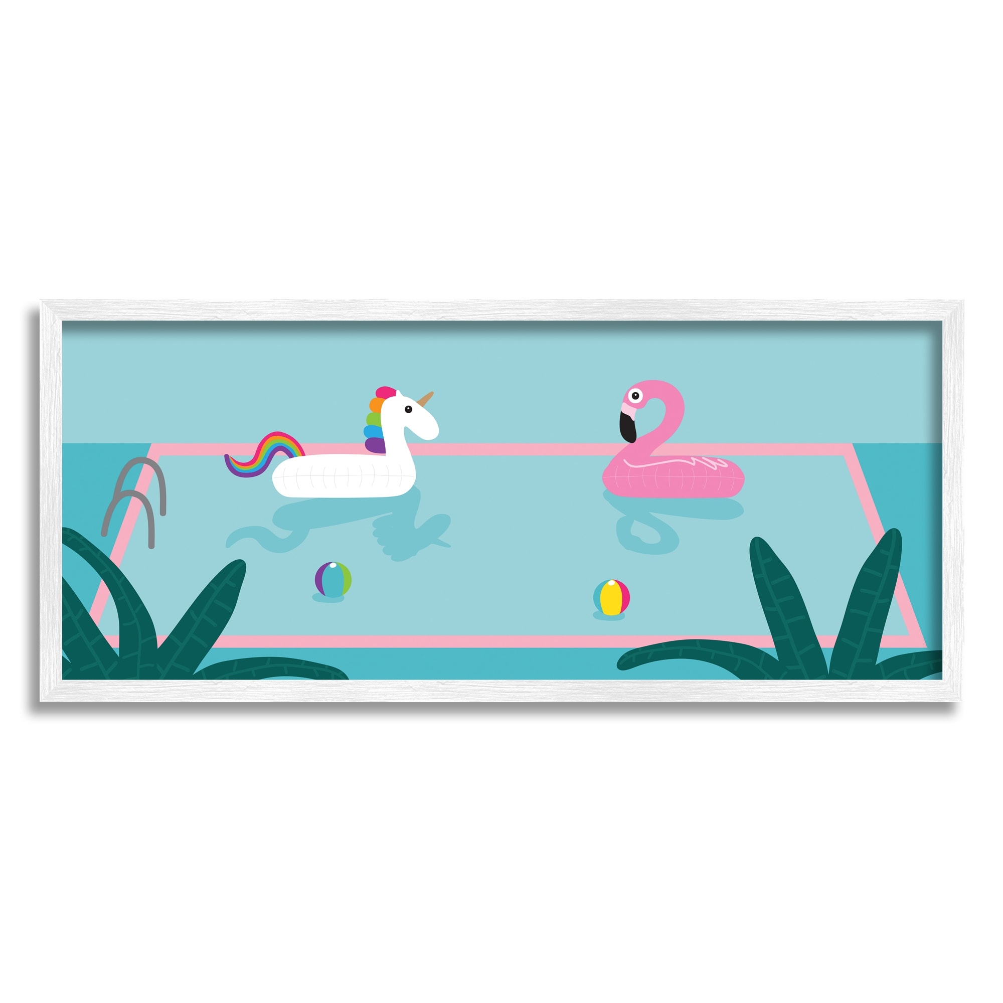 Stupell Industries Unicorn Flamingo Tropical Pool Water Floats Novelty Painting White Framed Art Print Wall Art, 10 x 24, Design by Make Much Studios