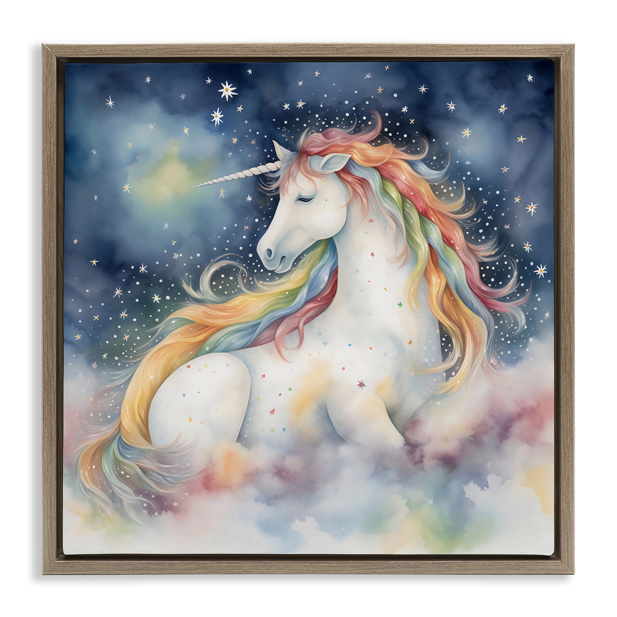 Stupell Industries Unicorn Floating on the Clouds Brown Framed Floater Canvas Wall Art, design by Creative Studio