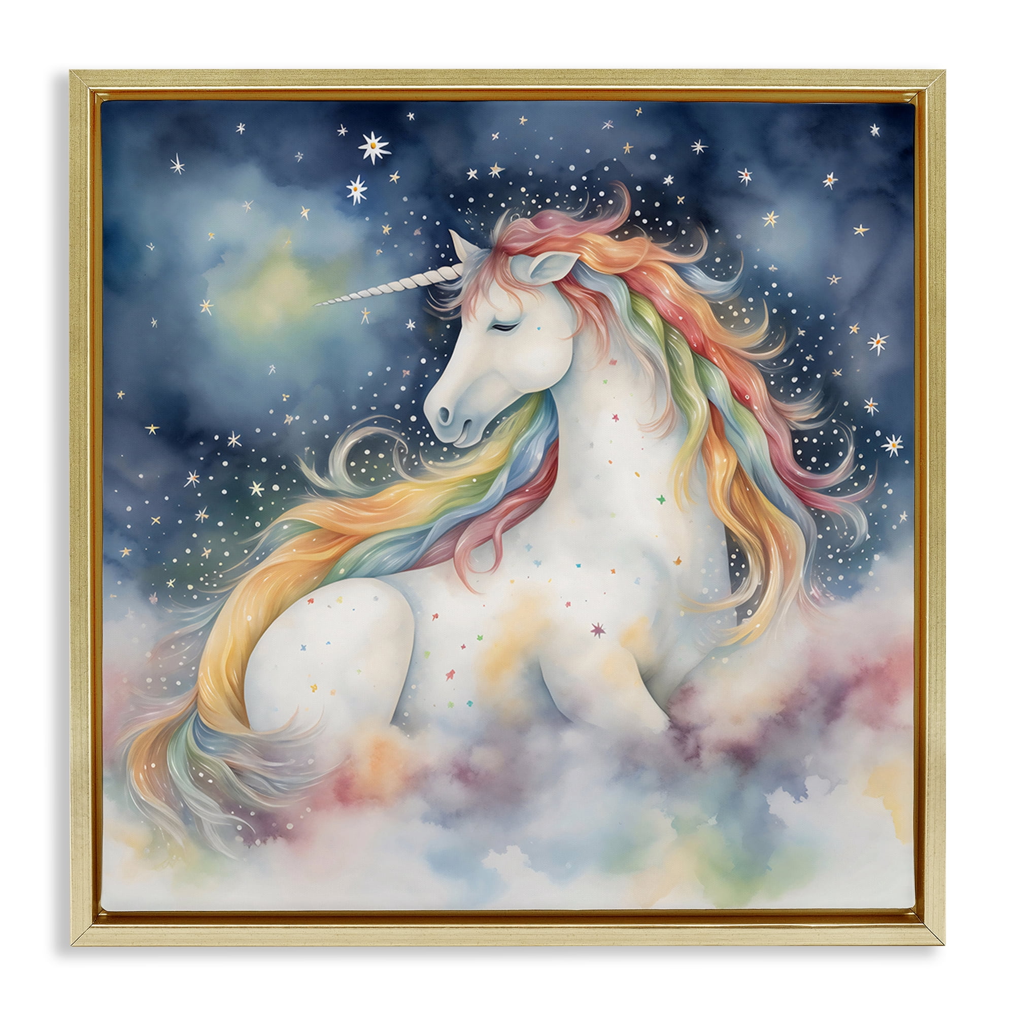 Stupell Industries Unicorn Floating on the Clouds Gold Framed Floater Canvas Wall Art, design by Creative Studio