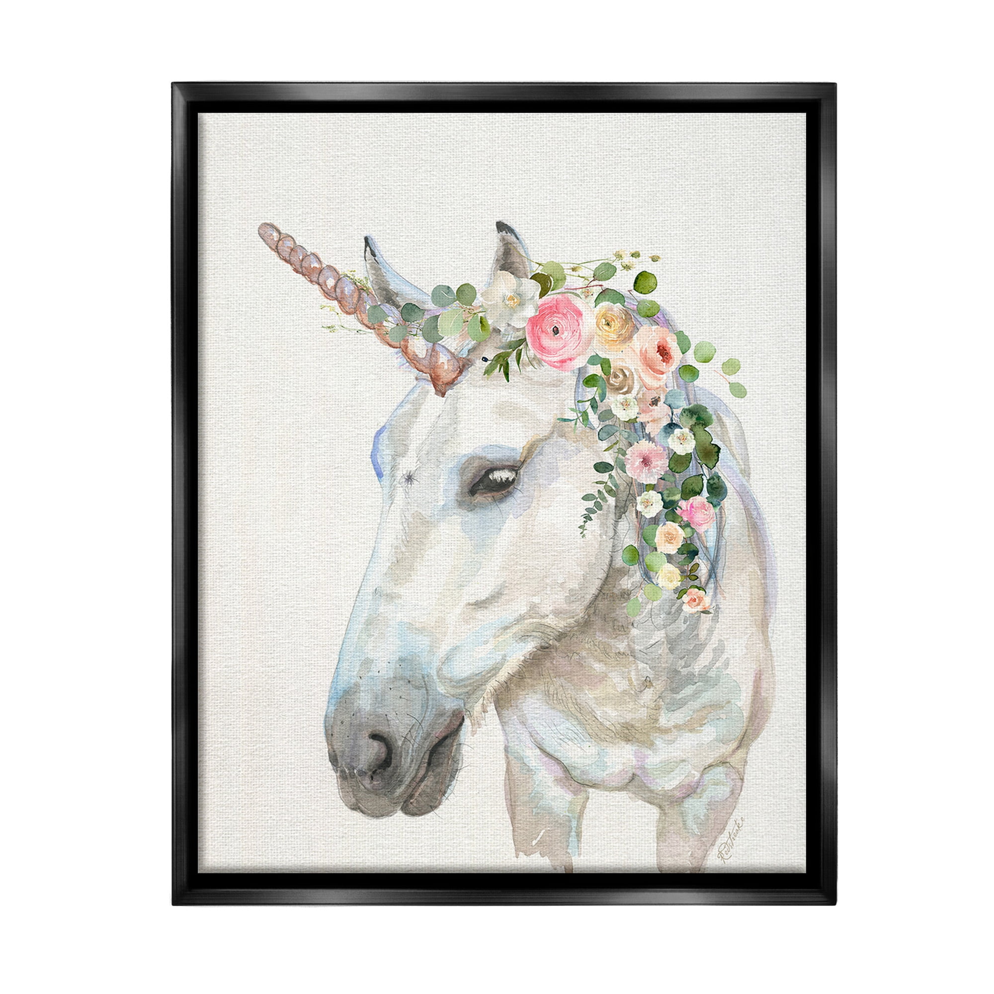 Stupell Industries Unicorn & Flower Garland Fairy Tales & Fantasy Painting Black Floater Framed Canvas Art Print Wall Art, 17 x 21
