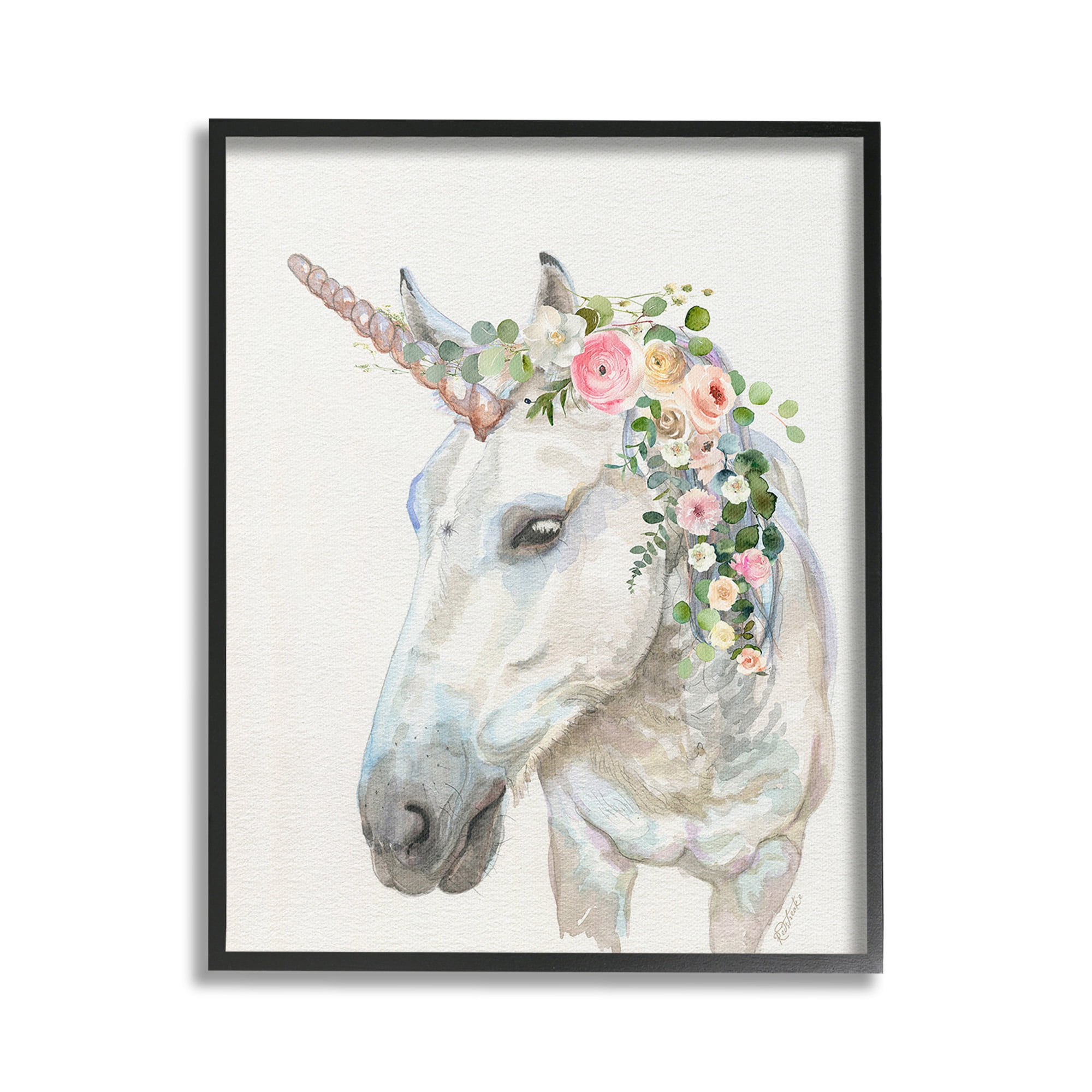 Stupell Industries Unicorn & Flower Garland Fairy Tales & Fantasy Painting Black Framed Art Print Wall Art, 24 x 30