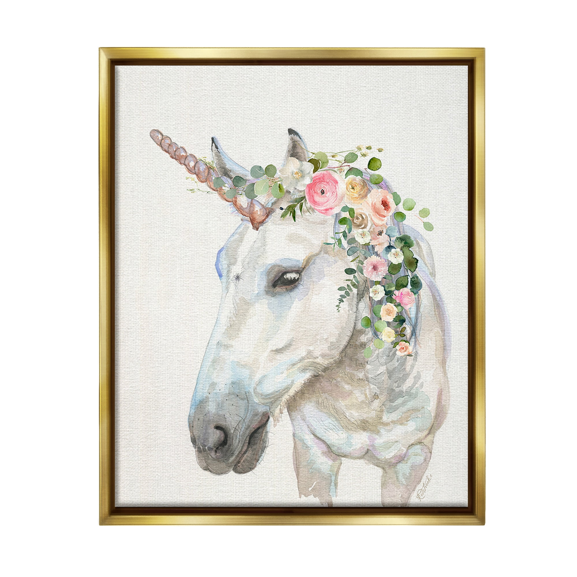 Stupell Industries Unicorn & Flower Garland Fairy Tales & Fantasy Painting Gold Floater Framed Canvas Art Print Wall Art, 17 x 21