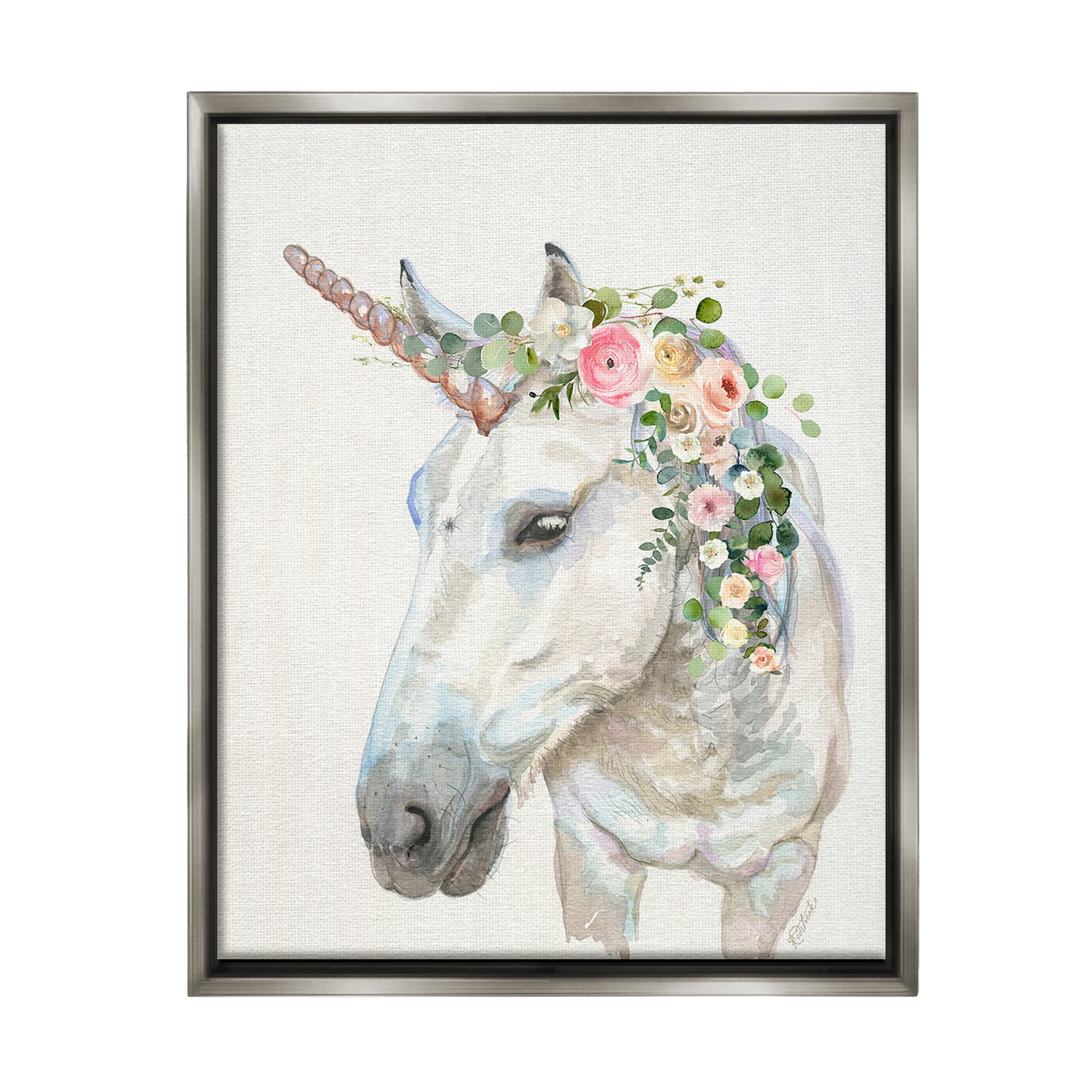 Stupell Industries Unicorn & Flower Garland Fairy Tales & Fantasy Painting Gray Floater Framed Canvas Art Print Wall Art, 25 x 31