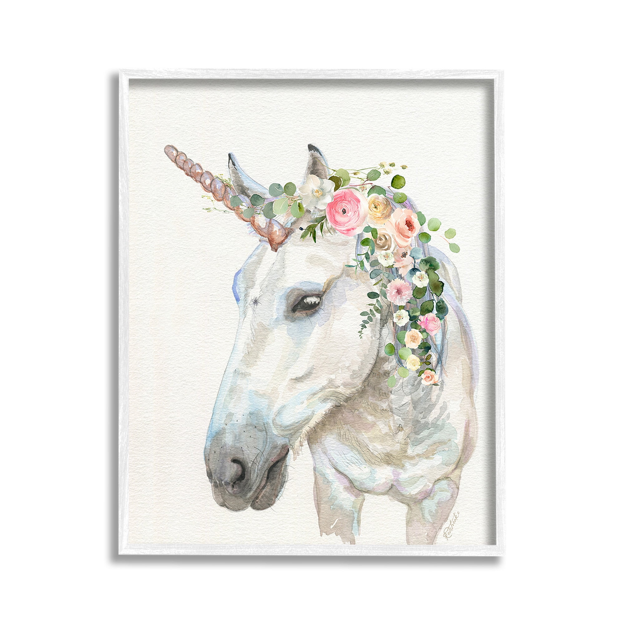 Stupell Industries Unicorn & Flower Garland Fairy Tales & Fantasy Painting White Framed Art Print Wall Art, 11 x 14