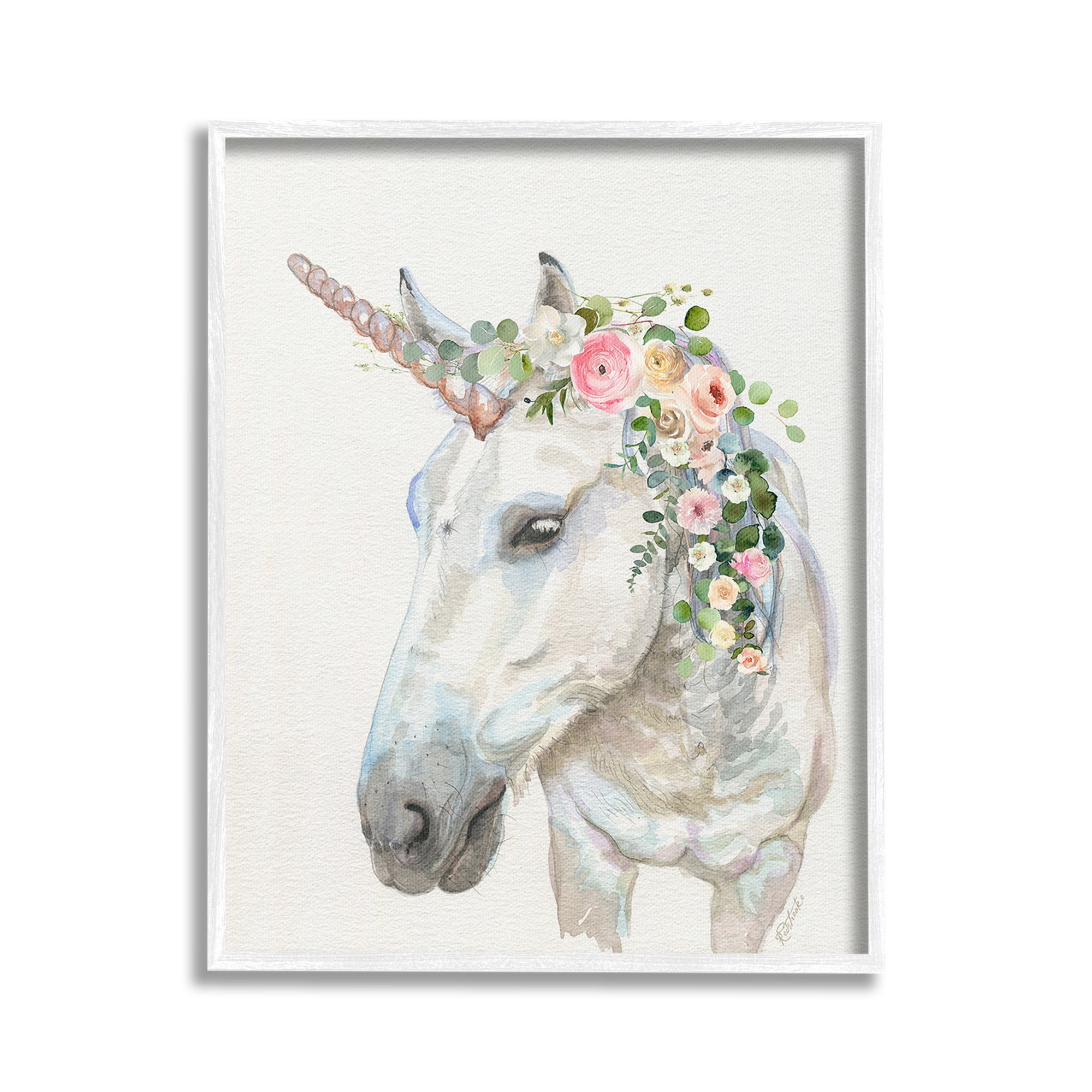 Stupell Industries Unicorn & Flower Garland Fairy Tales & Fantasy Painting White Framed Art Print Wall Art, 24 x 30