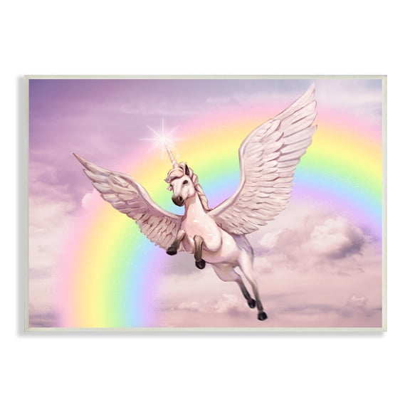 Stupell Industries Unicorn Flying Fluffy Clouds Rainbow Pink Fantasy Graphic Art Unframed Art Print Wall Art, 19x13, by Ziwei Li