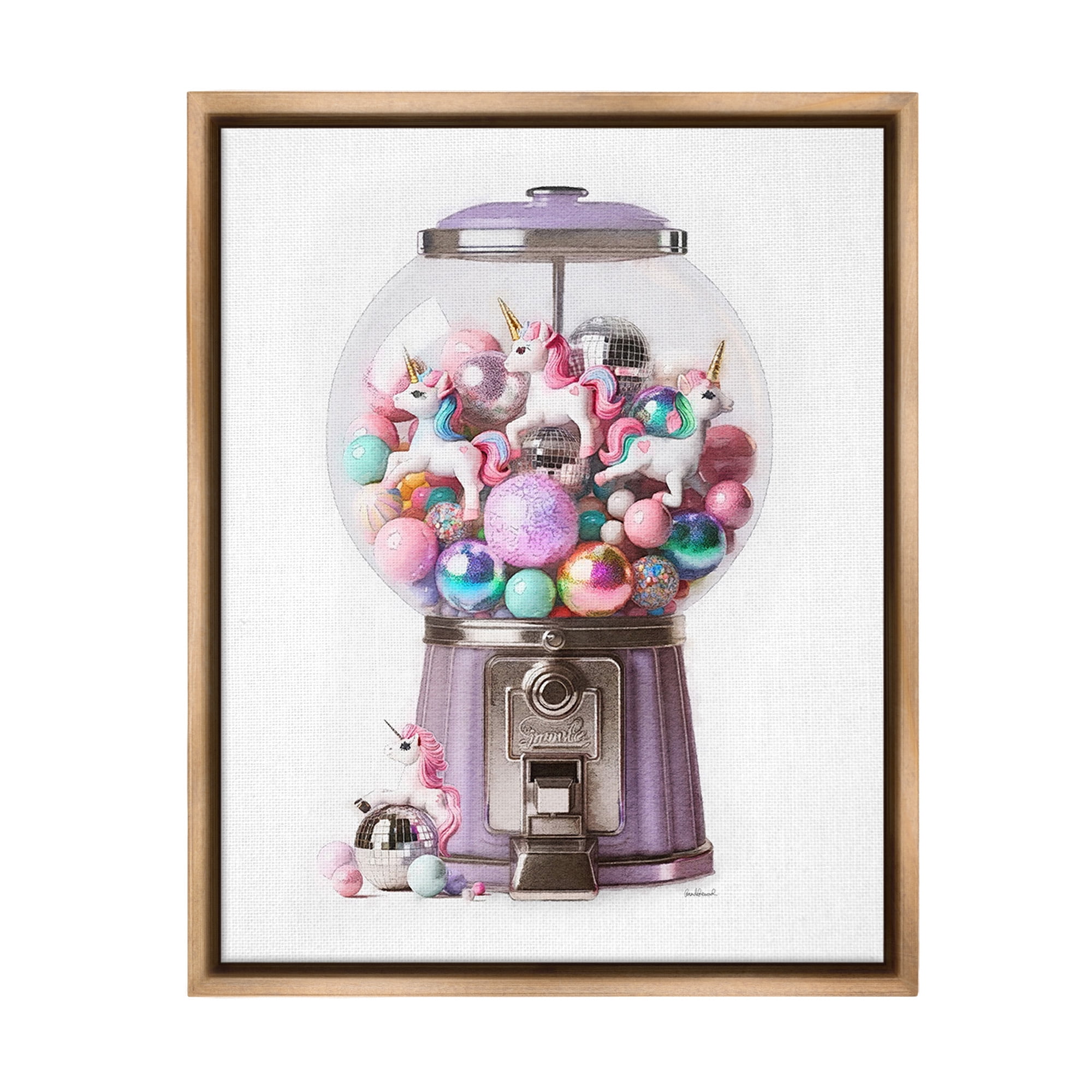 Stupell Industries Unicorn Gumball Machine Fairy Tales & Fantasy Painting Brown Floater Framed Canvas Art Print Wall Art, 25 x 31