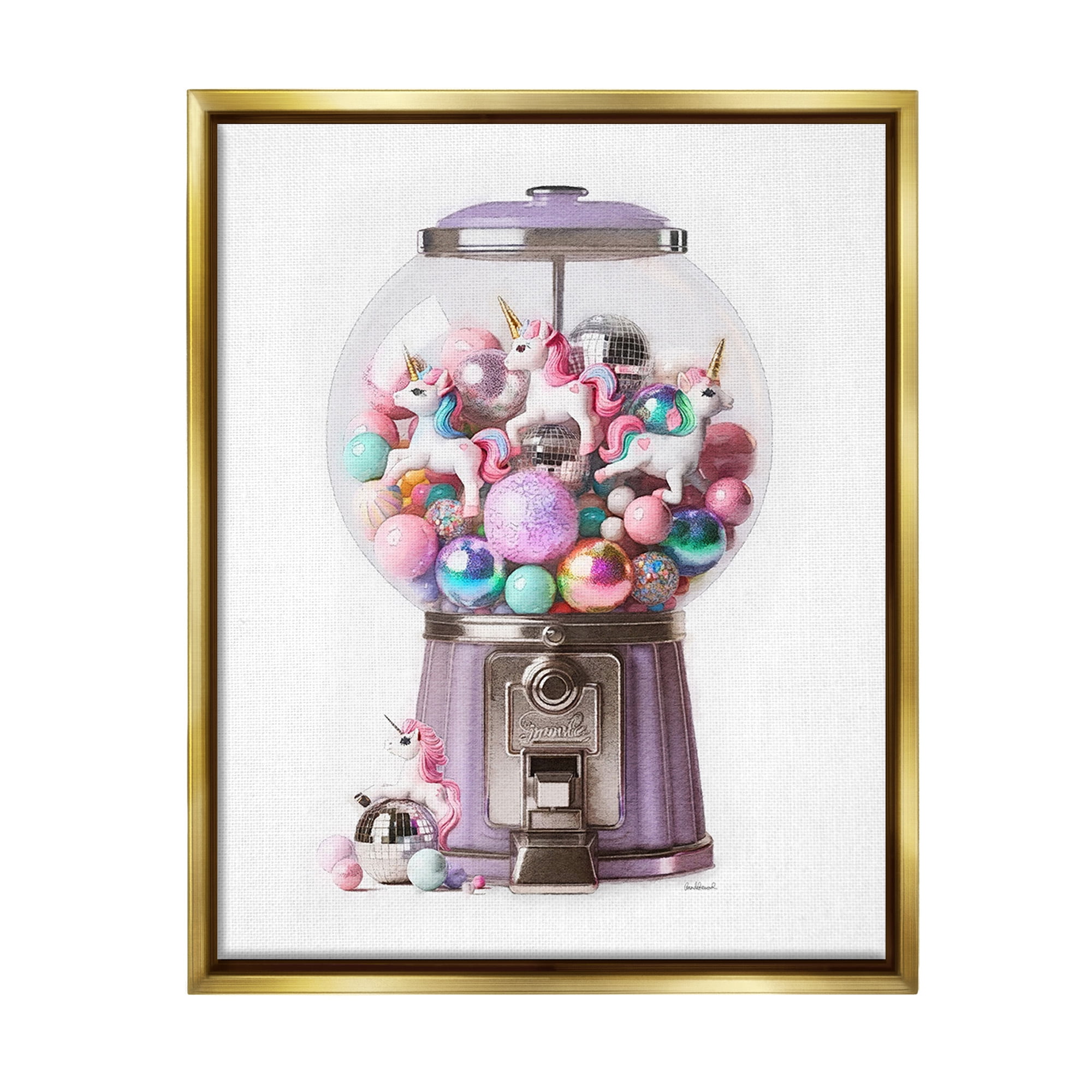 Stupell Industries Unicorn Gumball Machine Fairy Tales & Fantasy Painting Gold Floater Framed Canvas Art Print Wall Art, 17 x 21