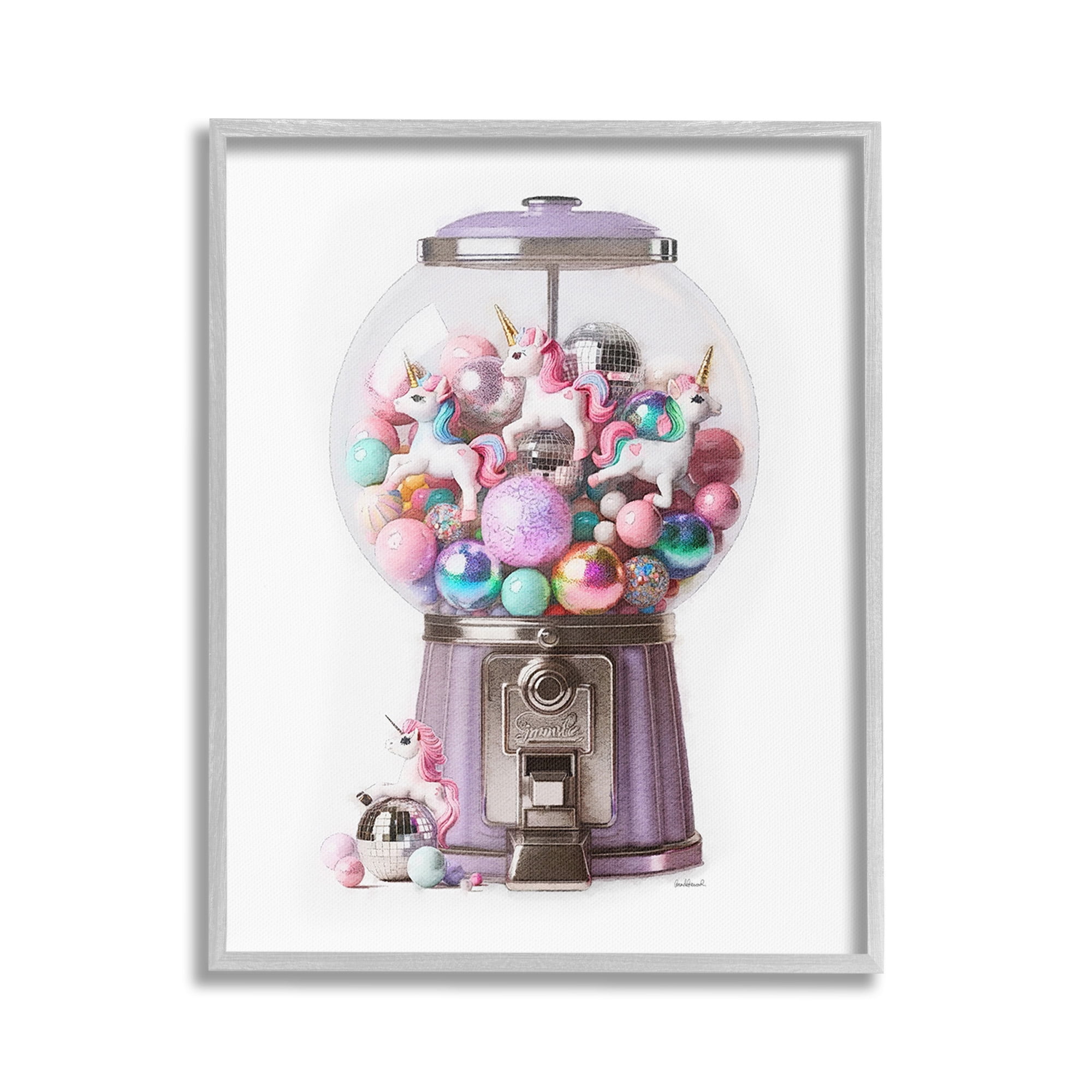 Stupell Industries Unicorn Gumball Machine Fairy Tales & Fantasy Painting Gray Framed Art Print Wall Art, 24 x 30
