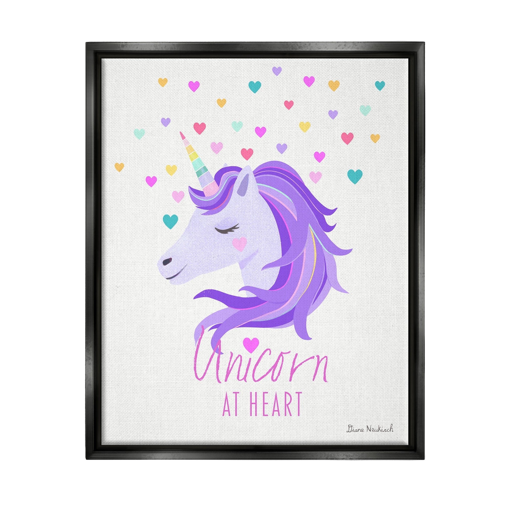 Stupell Industries Unicorn At Heart Phrase Pastel Purple Hearts Pattern Graphic Art Jet Black Floating Framed Canvas Print Wall Art, Design by Diane Neukirch