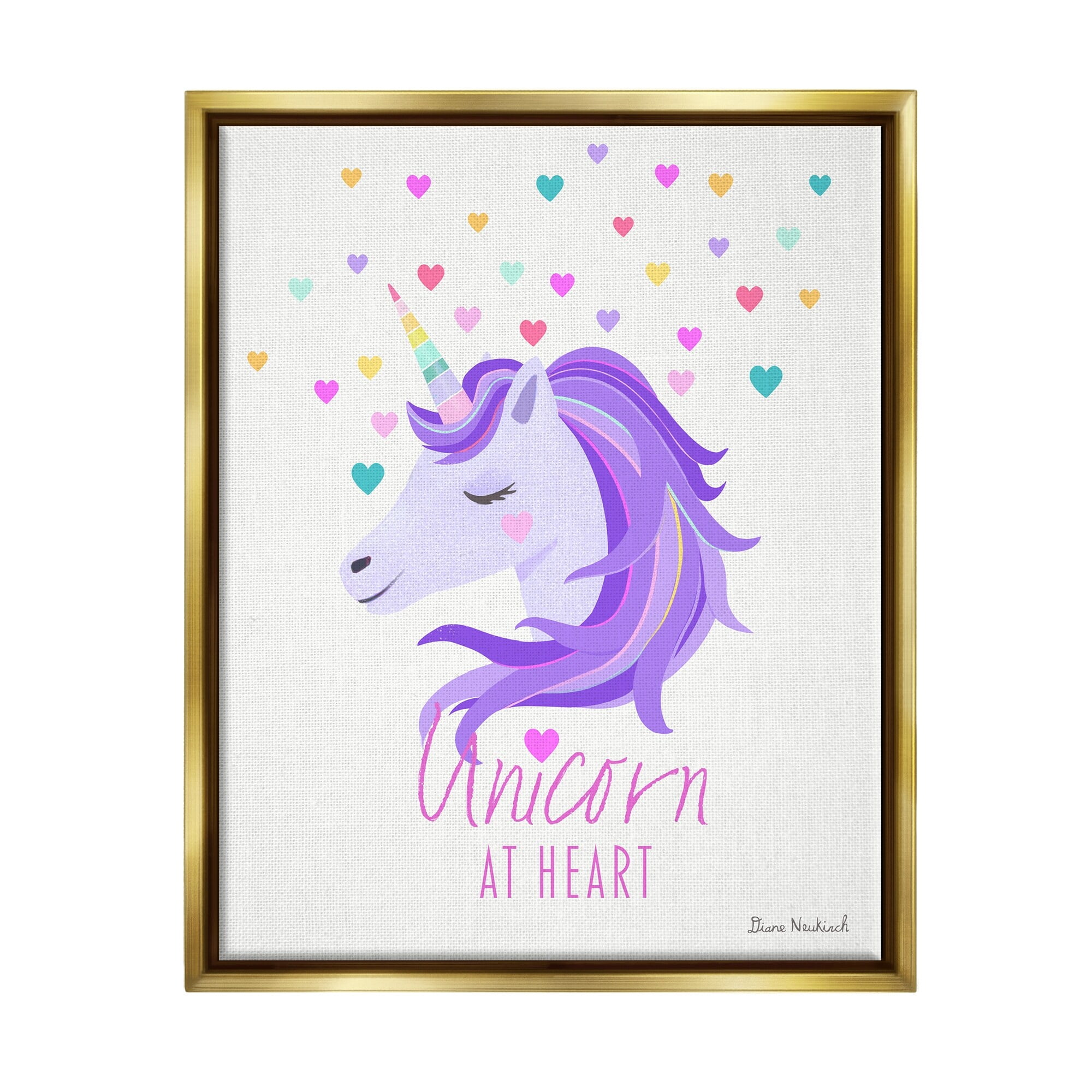 Stupell Industries Unicorn At Heart Phrase Pastel Purple Hearts Pattern Graphic Art Metallic Gold Floating Framed Canvas Print Wall Art, Design by Diane Neukirch