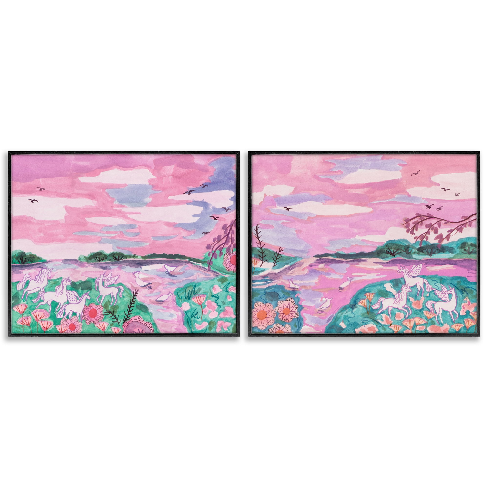 Stupell Industries Unicorn Nature Whimsy Fantasy & Sci-Fi Painting Black Framed Art Print Wall Art, 20 x 16, Set of 2