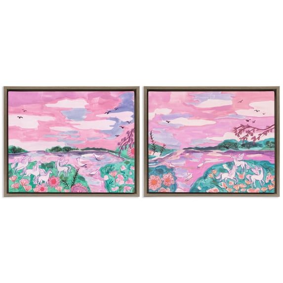 Stupell Industries Unicorn Nature Whimsy Fantasy & Sci-Fi Painting Brown Floater Framed Canvas Art Print Wall Art, 21 x 17, Set of 2