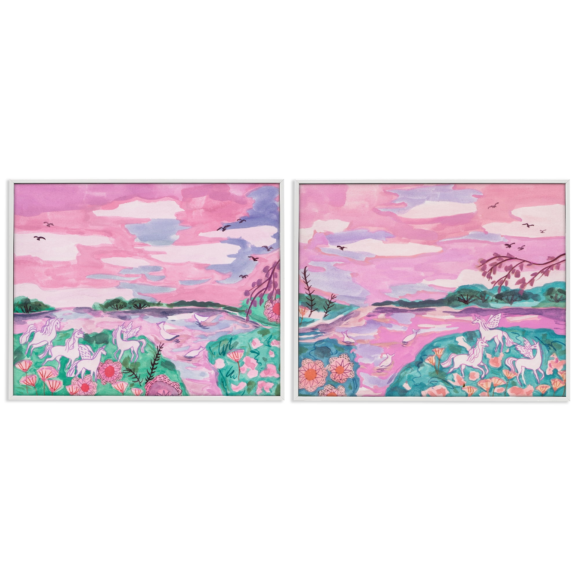 Stupell Industries Unicorn Nature Whimsy Fantasy & Sci-Fi Painting White Framed Art Print Wall Art, 20 x 16, Set of 2
