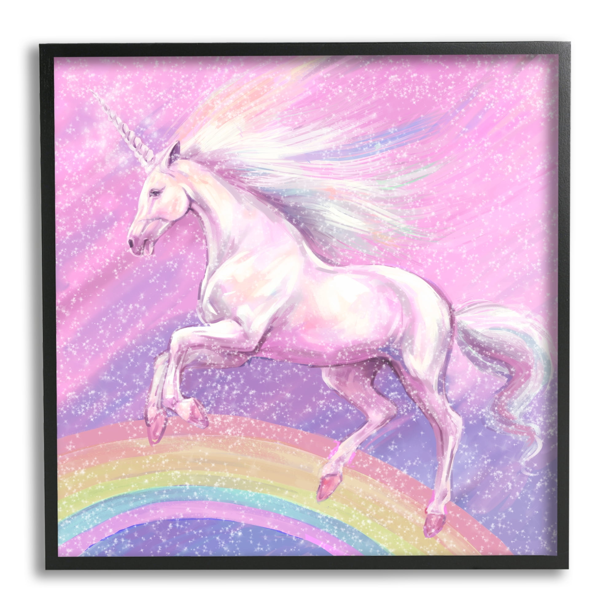 Stupell Industries Unicorn Over Rainbow Fairy Tales & Fantasy Painting Black Framed Art Print Wall Art, 24 x 24