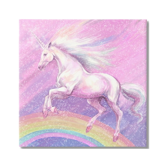 Stupell Industries Unicorn Over Rainbow Fairy Tales & Fantasy Painting Gallery Wrapped Canvas Print Wall Art, 17 x 17